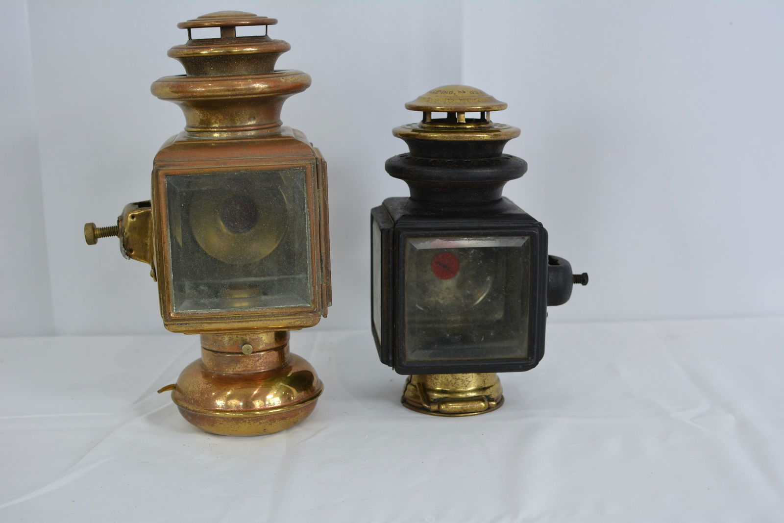 Brass Solar Model #032 w/ruby glass insert & Indiana Lamp Co. #2 Connersville, Ind lantern .: Brass Solar Model #032 w/ruby glass insert & Indiana Lamp Co. #2 Connersville, Ind lantern . Tallest 8"T x 6"W