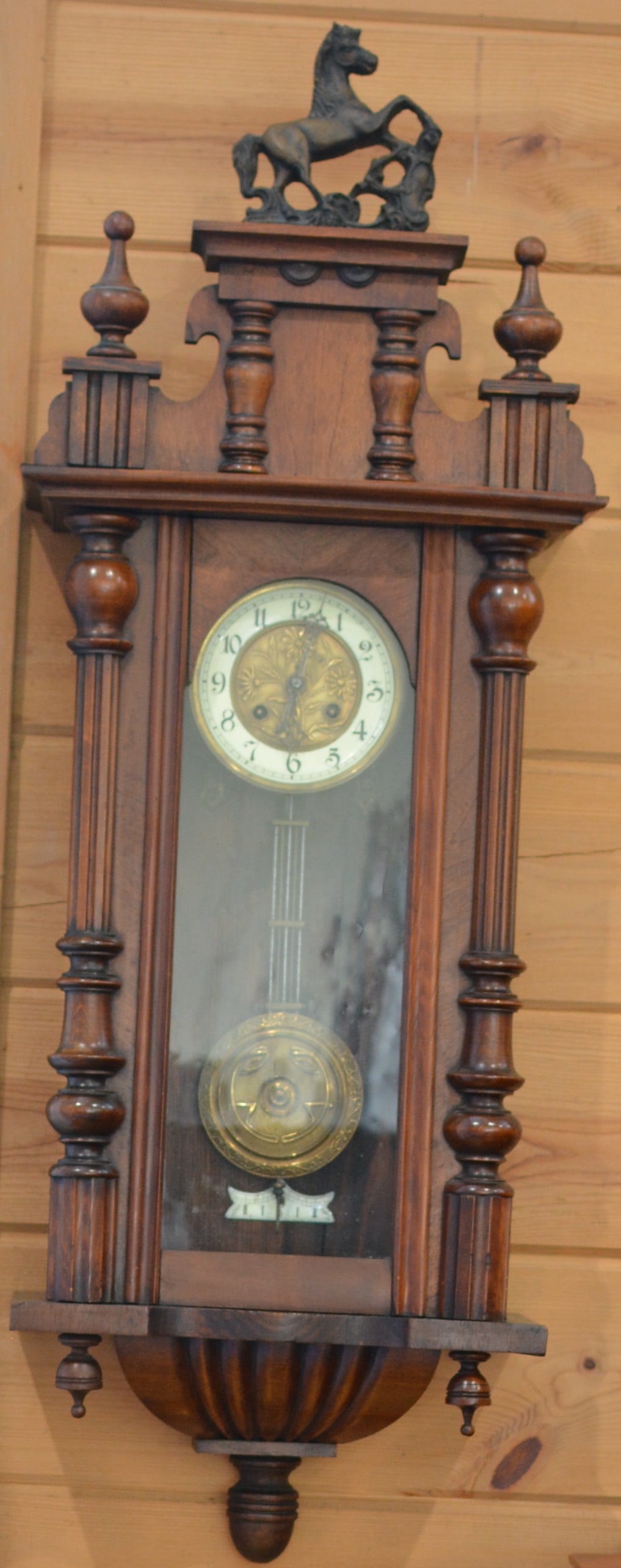 1890 German wall clock w/carved horse finial, enamel & brass dial, brass works. 42"T x 12"W x 8" D (1 of 10)