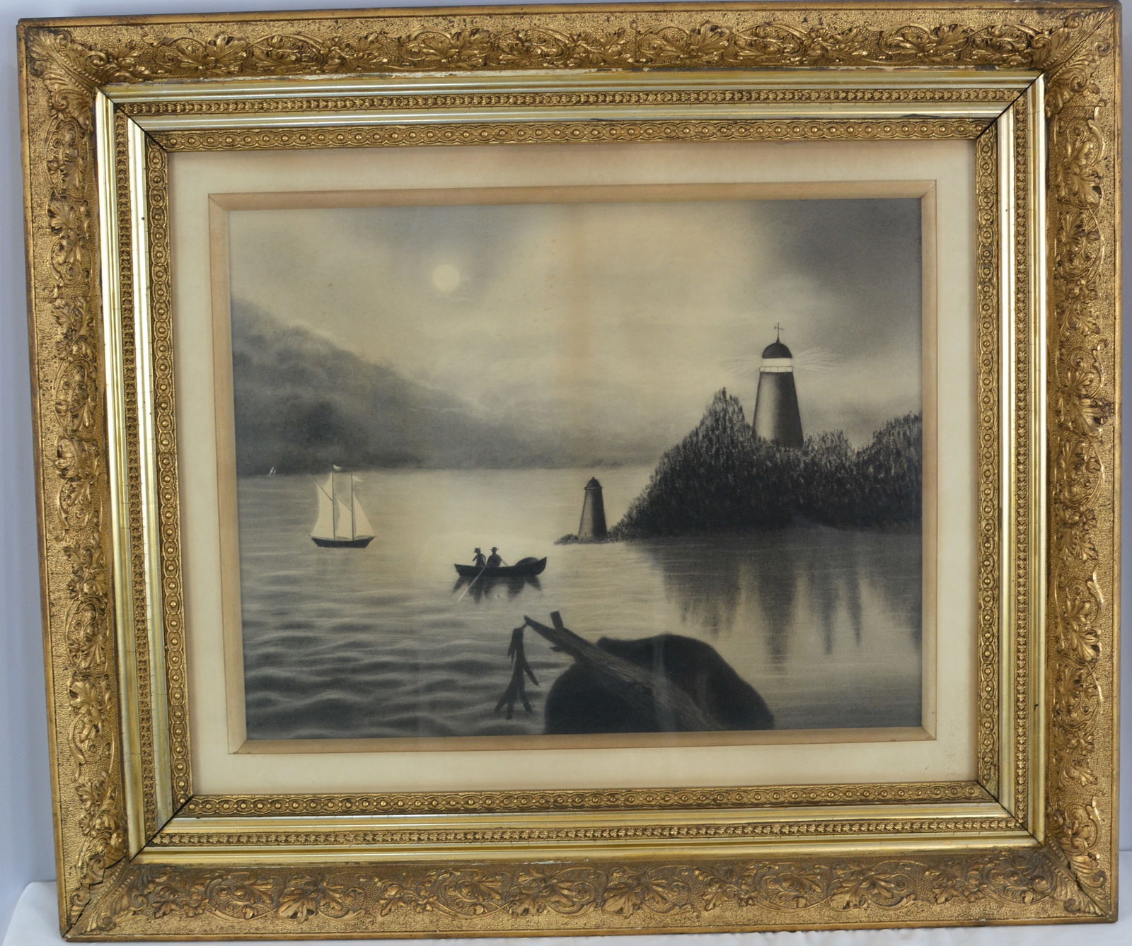 Lighthouse scene w/two men in sailboat & gilded frame. 38"W x 32"T (1 of 6)