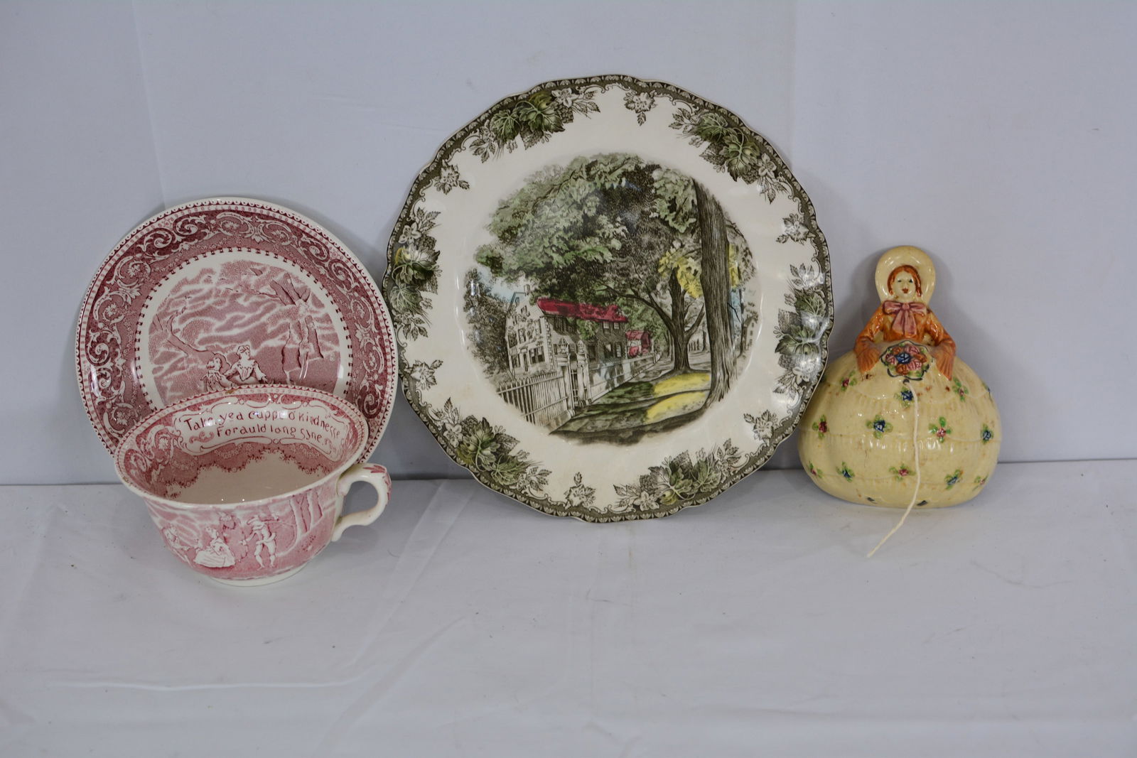 Johnson Village Street, red transferware cup & plate & a string holder. Largest 10" plate: Johnson Village Street, red transferware cup & plate & a string holder. Largest 10" plate