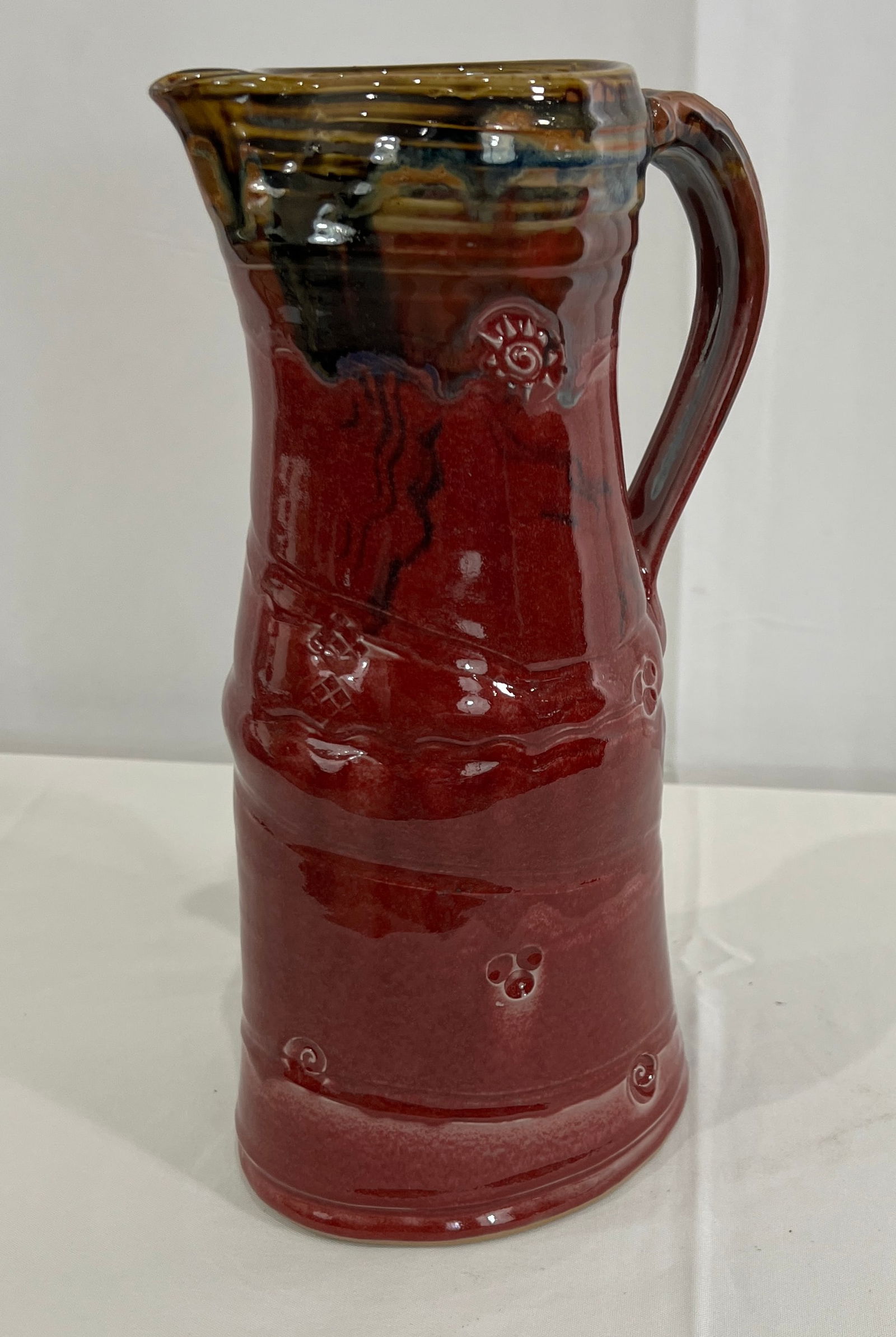 Signed Scott Frankenberger Glazed Art Pottery pitcher Lafayette Indiana artist.: Signed Scott Frankenberger Glazed Art Pottery pitcher Lafayette Indiana artist.