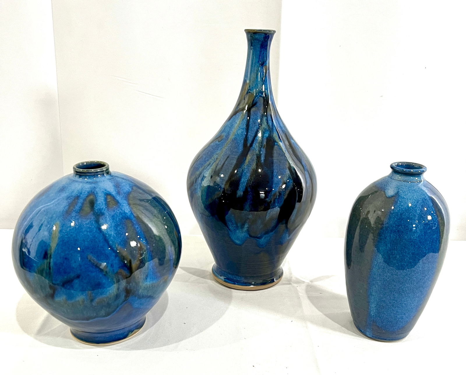Three Pieces of blue glazed studio pottery raku firing technique. All signed Gail. Lafayette,: Three Pieces of blue glazed studio pottery raku firing technique. All signed Gail. Lafayette, Indiana artist