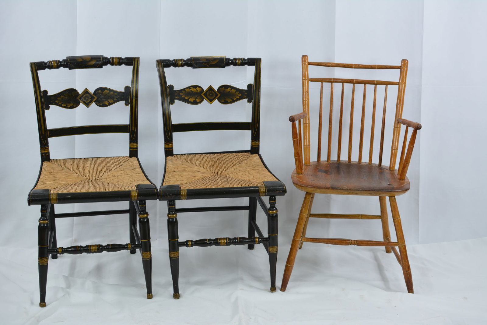 Two Hitchcock black lacquer side chairs & one bamboo Windsor arm chair. (1 of 5)