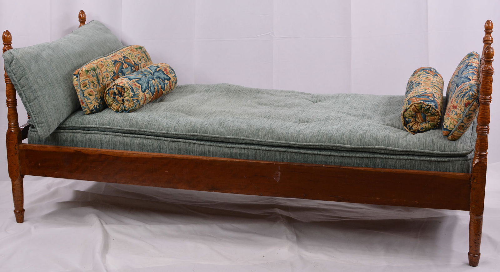 1850s Tiger maple handyman's bed, 4 post w/cushion. (1 of 3)