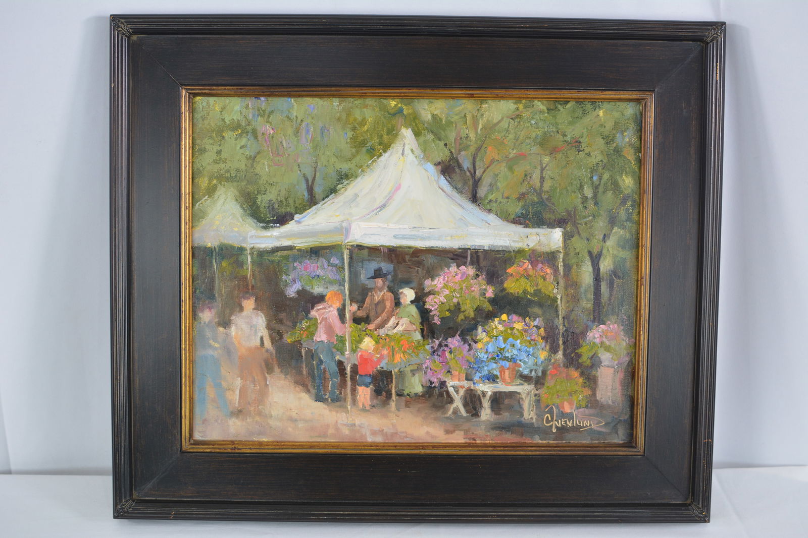 Oil on Canvas At The Flower Market Signed 14" x 18": Oil on Canvas At The Flower Market Signed 14" x 18"
