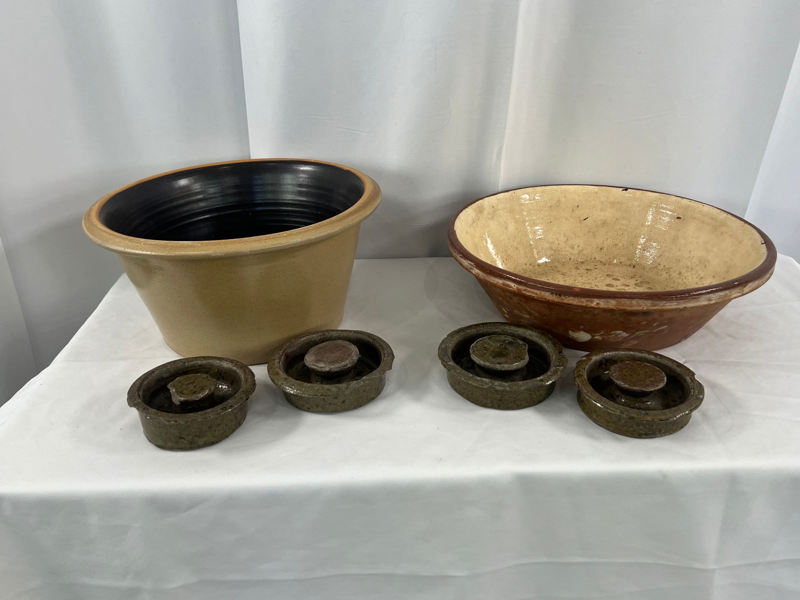 Stoneware Bowls and Jar Lids: Stoneware Bowls and Jar Lids, stoneware planter, bowl and 4 jar lids.