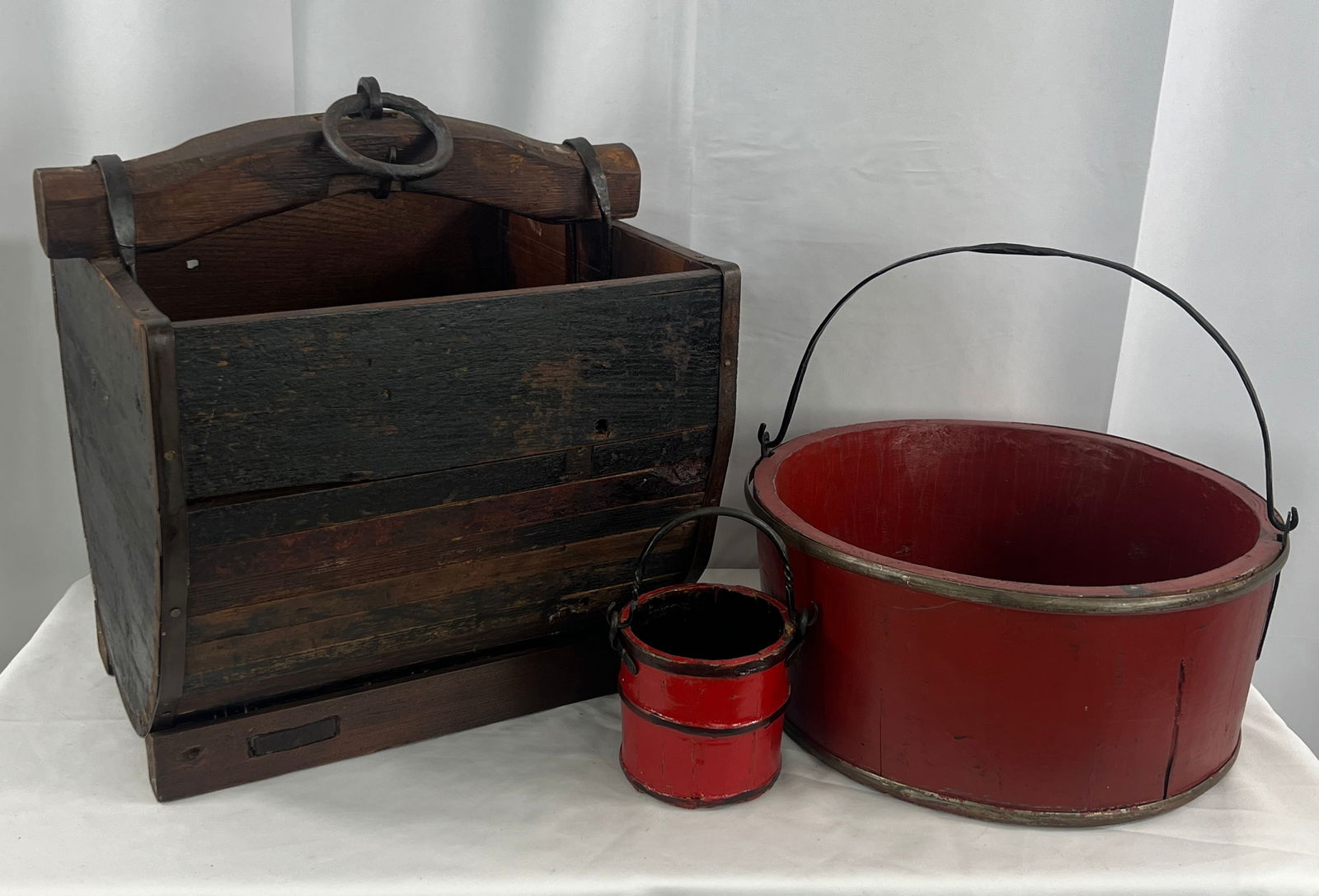 Contemporary Well Buckets: 3 Contemporary Well Buckets, wooden with metal hardware.