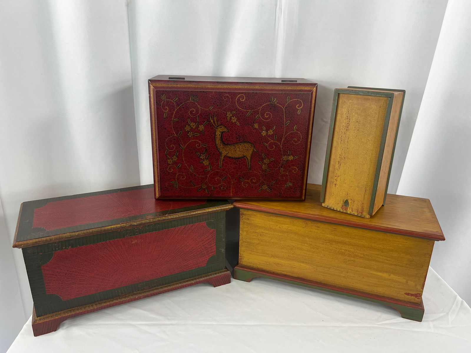 Group of Contemporary Storage Boxes: Group of Contemporary Storage Boxes, slide top box, 2 mixture blanket boxes, one is a jewlery box, and a Stein world painted box with dear.