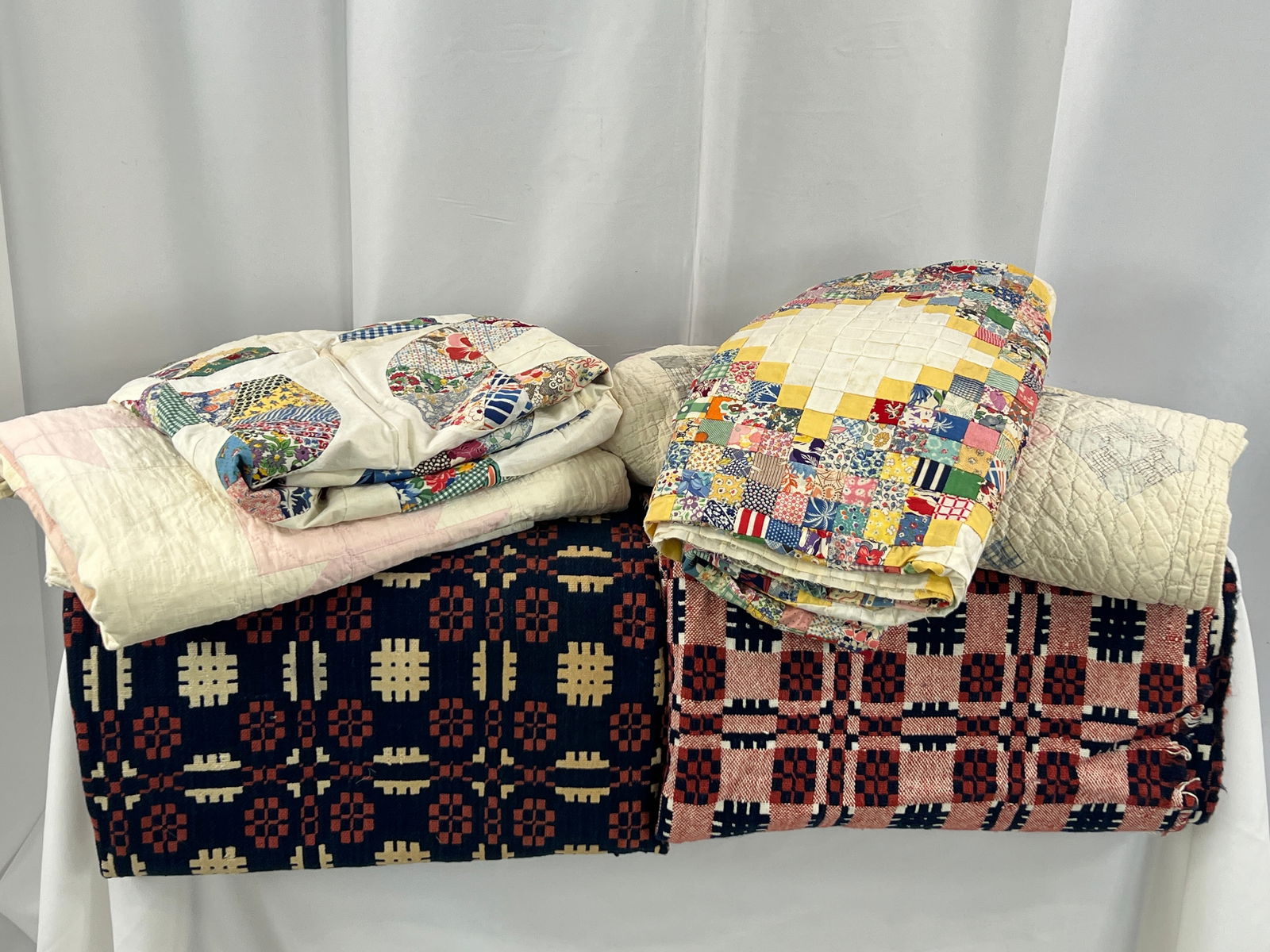 Coverlets and Quilts: Coverlets and Quilts, 2 coverlets panels Red, White, and Blue, quilts and quilt tops.