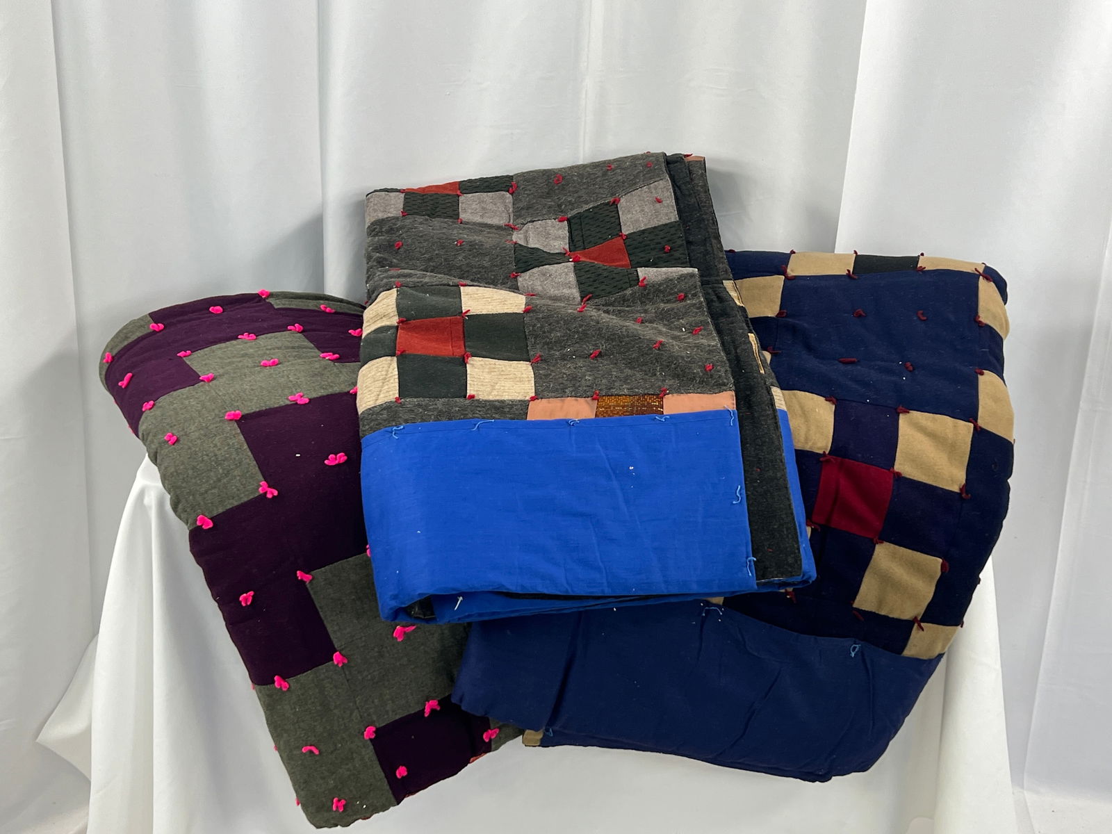 3 Heavy Wool Comforter Quilts: 3 Heavy Wool Comforter Quilts, patch work and knotted yarn.