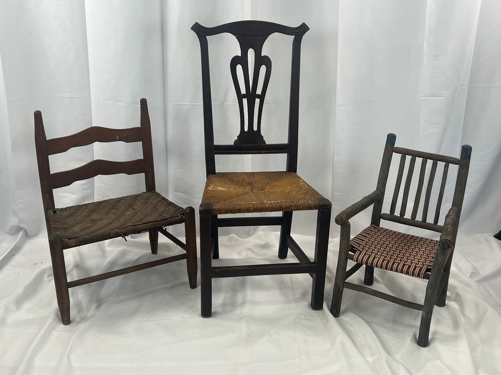 3 Side Chairs: 3 Side Chairs, childs hickory chair, New England side chair, weaved seat Childs chair.