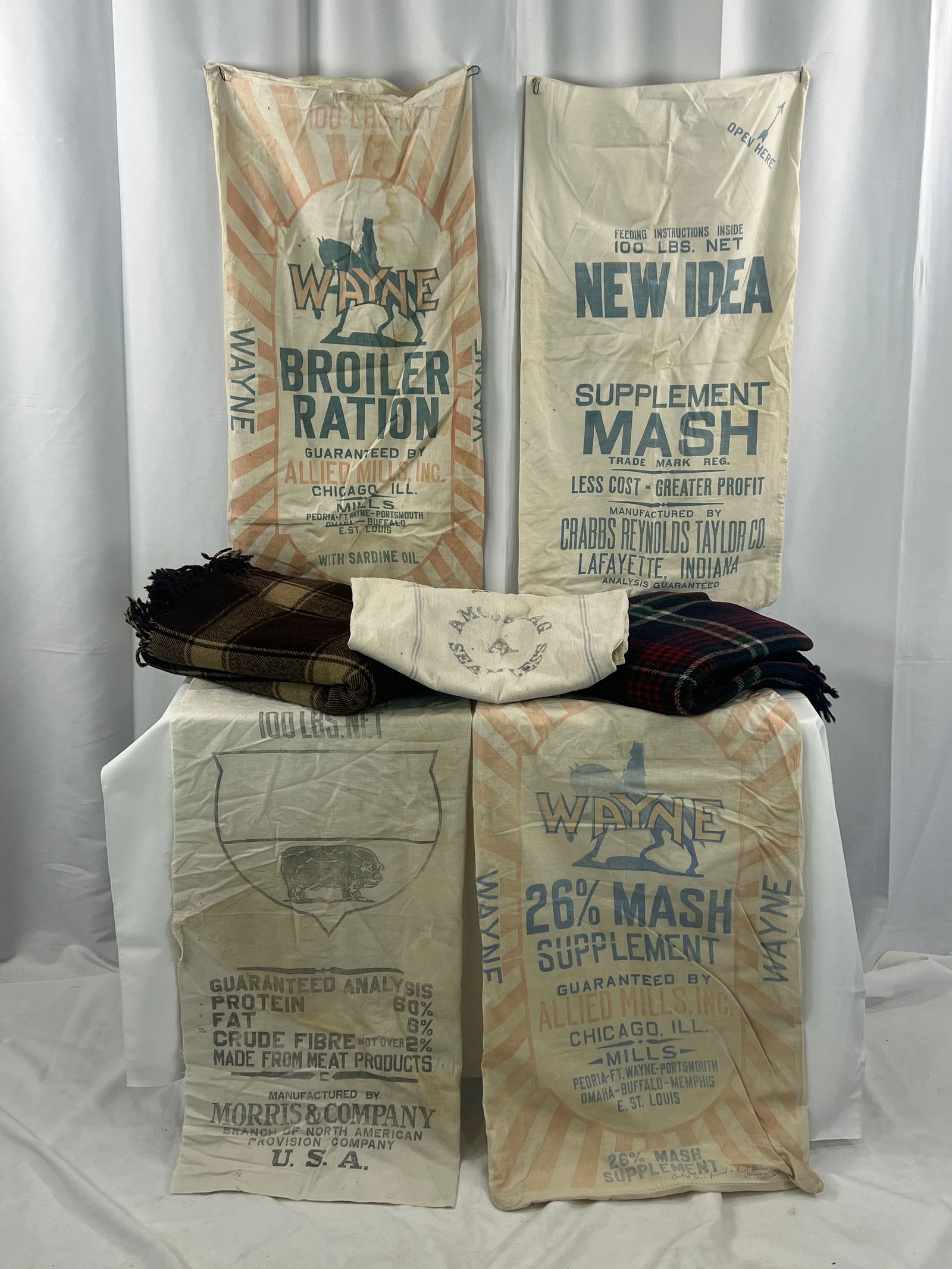 Advertising Feed Sacks and Soft Goods.: Advertising Feed Sacks and Soft Goods, feed sacks from, Wayne Feeds, New Idea Mash, and others, wool lap robes.