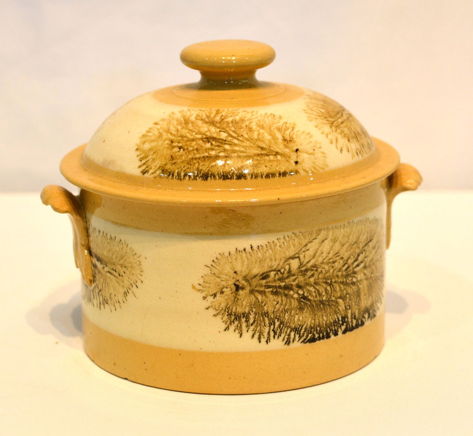 19th Century Mocha Ware Covered Sugar Bowl: Exceptional 19th-century mocha ware covered sugar bowl featuring "tree" decoration in rich brown tones on a cream-colored ground. The body and domed lid are accented with extensive mocha decoration. S