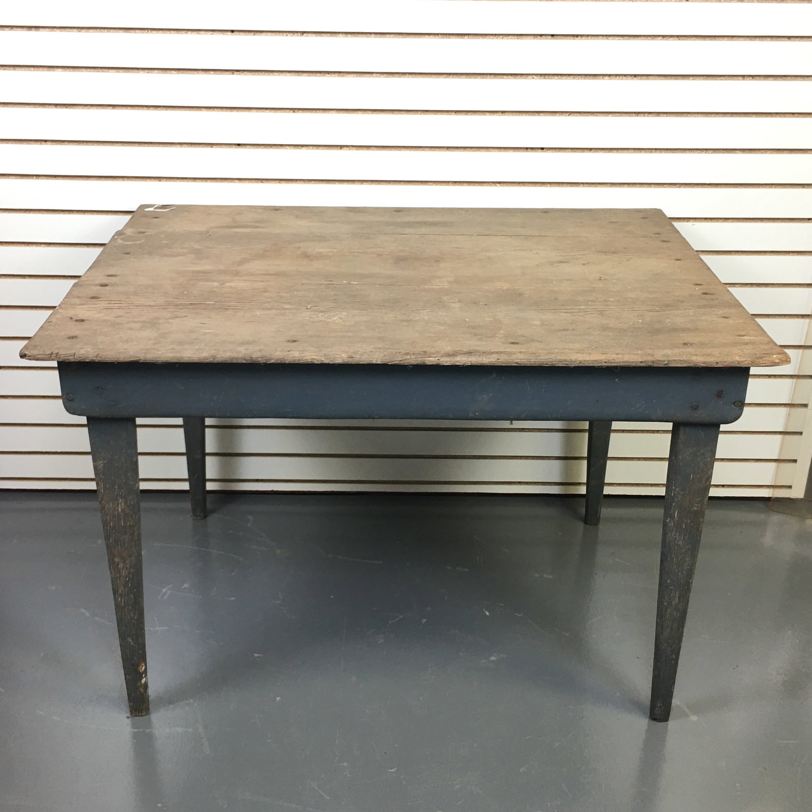 Country Work Table, Old Blue Paint: Country Work Table. Weathered top with base in old blue paint. 45"W x 33"D x 30.5"H