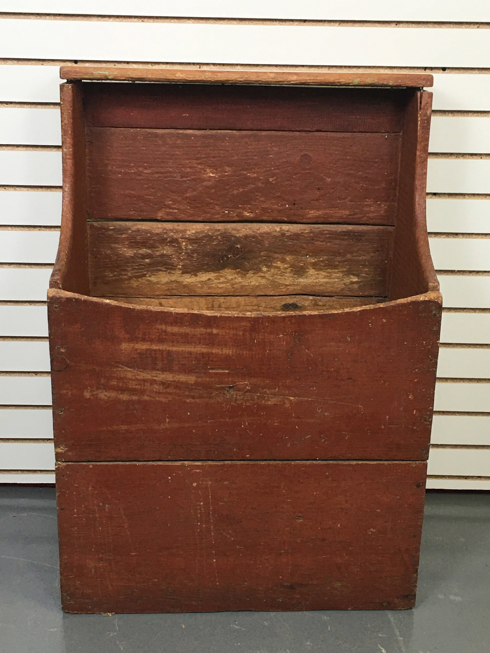 New England Kindling Bin, Red Paint: New England Kindling Bin, red paint with traces of green. 24"W x 13"D x 34.5"H.