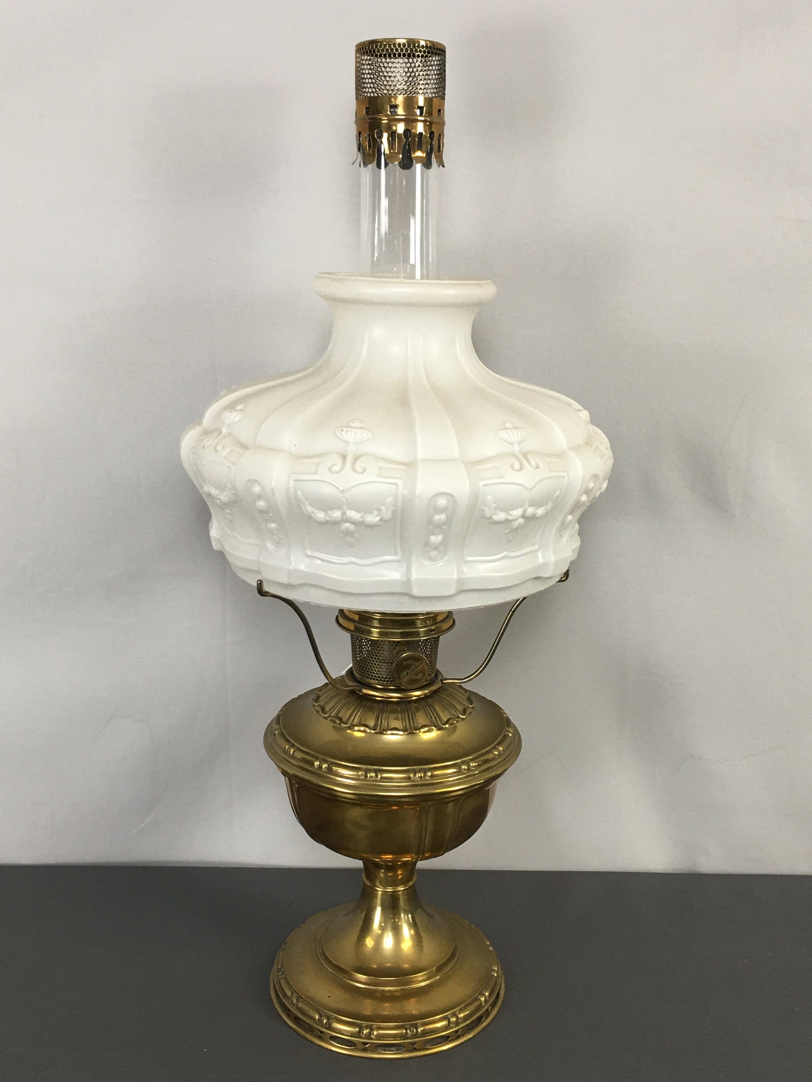 Aladdin No. 8 Oil Lamp: Aladdin No. 8 Oil Lamp. Brass lamp with original shade, Aladdin chimney & insect screen. 26"H.