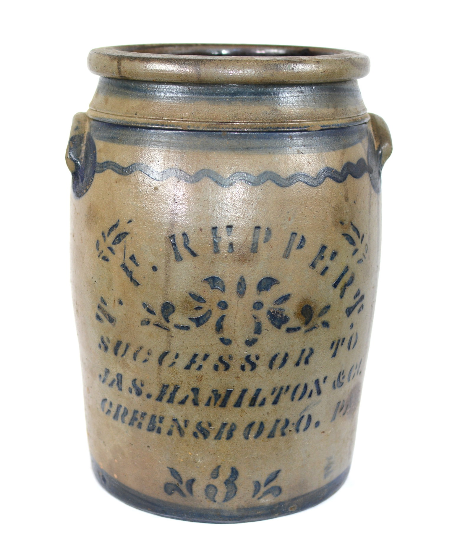 T.H. Reppert Stoneware Jar: T.H. Reppert 3 gal stoneware jar blue decorated double handled, T.H. Reppert Successor to Jas. Hamilton & Co., Greensboro , Pennsylvania" Size: 8 in. Dia. x 13 1/2 in. H.