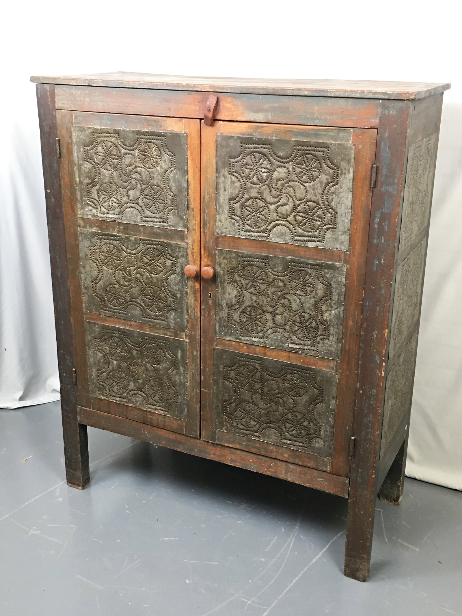 12-Tin Pie Safe, Traces of Blue Paint: 12-Tin Pie Safe, Traces of Blue Paint. Square nail construction. 41.25"W x 17.5"D x 51.5"H.
