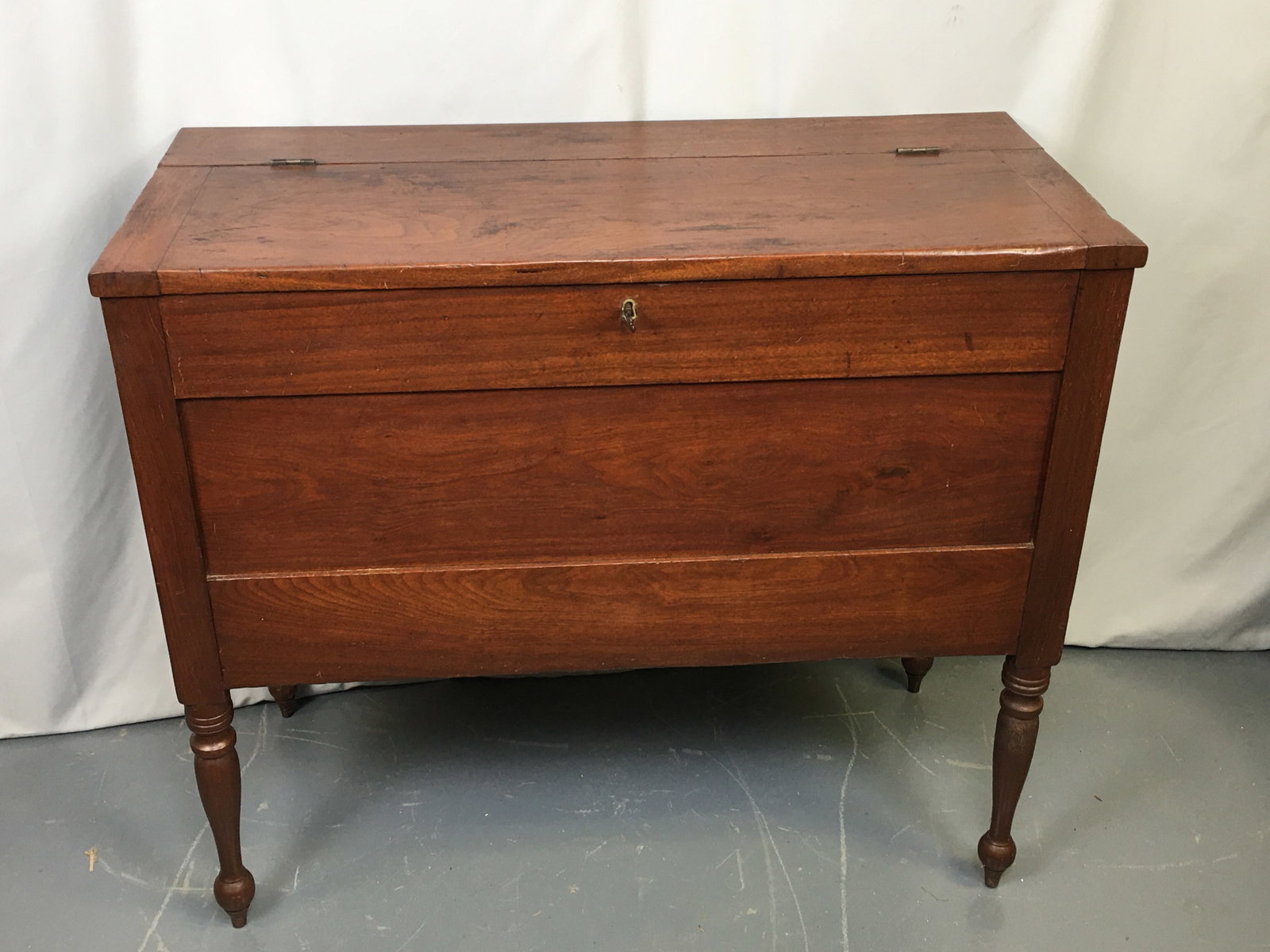 Walnut Sugar Chest on Tall Turned Legs: Walnut Sugar Chest on Tall Turned Legs. Divided inner compartment. With key. 40.75"W x 18.75"D x 35.5"H.