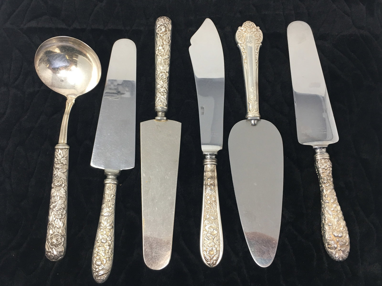 6 Pieces Sterling Handle Servers: 6 Pieces Sterling Handle Servers. 1) & 2) G.H. French cake server, 10" & ladle, 8", marked GHF. 3) Steiff Corsage cake slicer, 10"; 4) Steiff cake server, stainless blade, floral/rose pattern; 5)