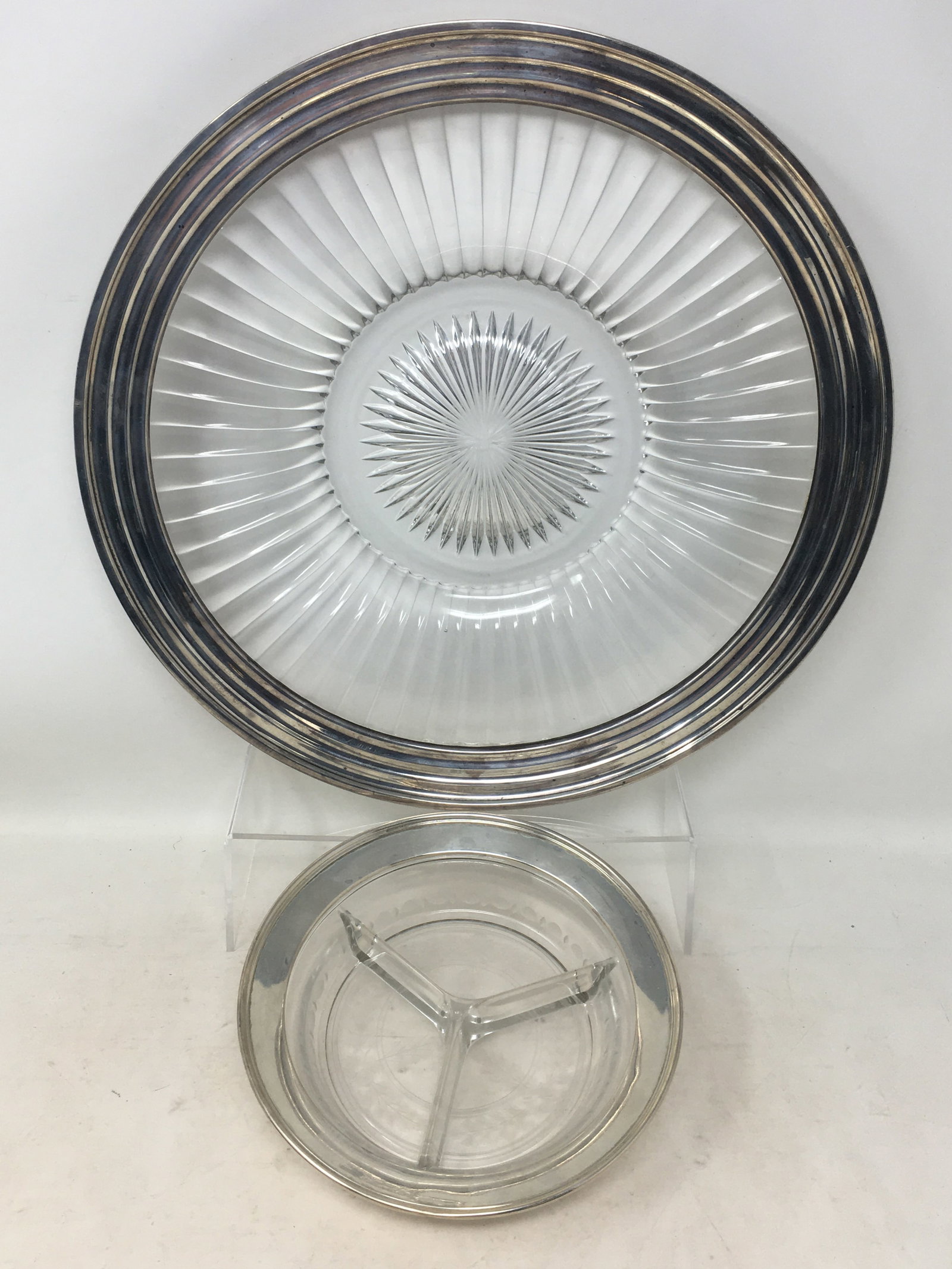 S. Kirk & Son Sterling & Glass Platter, Divided Dish: S. Kirk & Son Sterling Rimmed Glass Platter, Divided Dish. 1) Heisey platter, 13"D, with 1 3/8" wide rim. 2) Divided etched glass dish, 7", with 0.75" wide rim.