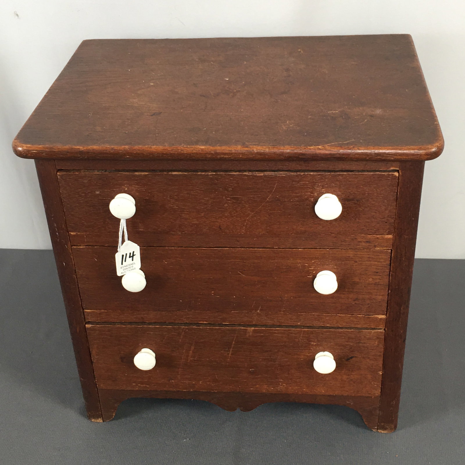 Diminutive 3-Drawer Chest: Diminutive 3-Drawer Chest. Dovetailed drawers with porcelain knobs. 14.25"W x 10.25"D x 13.5"H