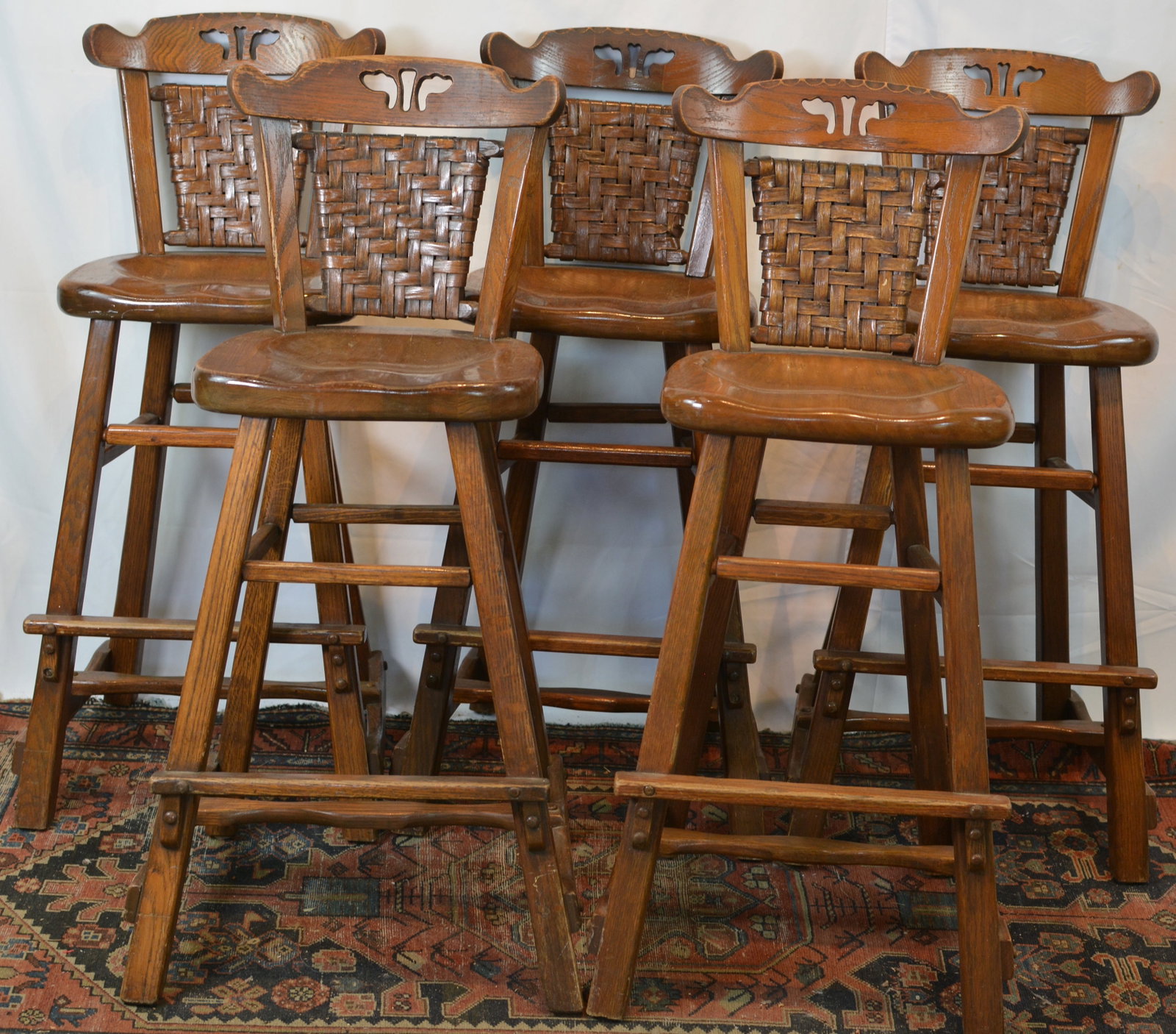 Set of Five Old Hickory Martinsville, Indiana Oak Bar Stools with Woven Backs (1 of 6)