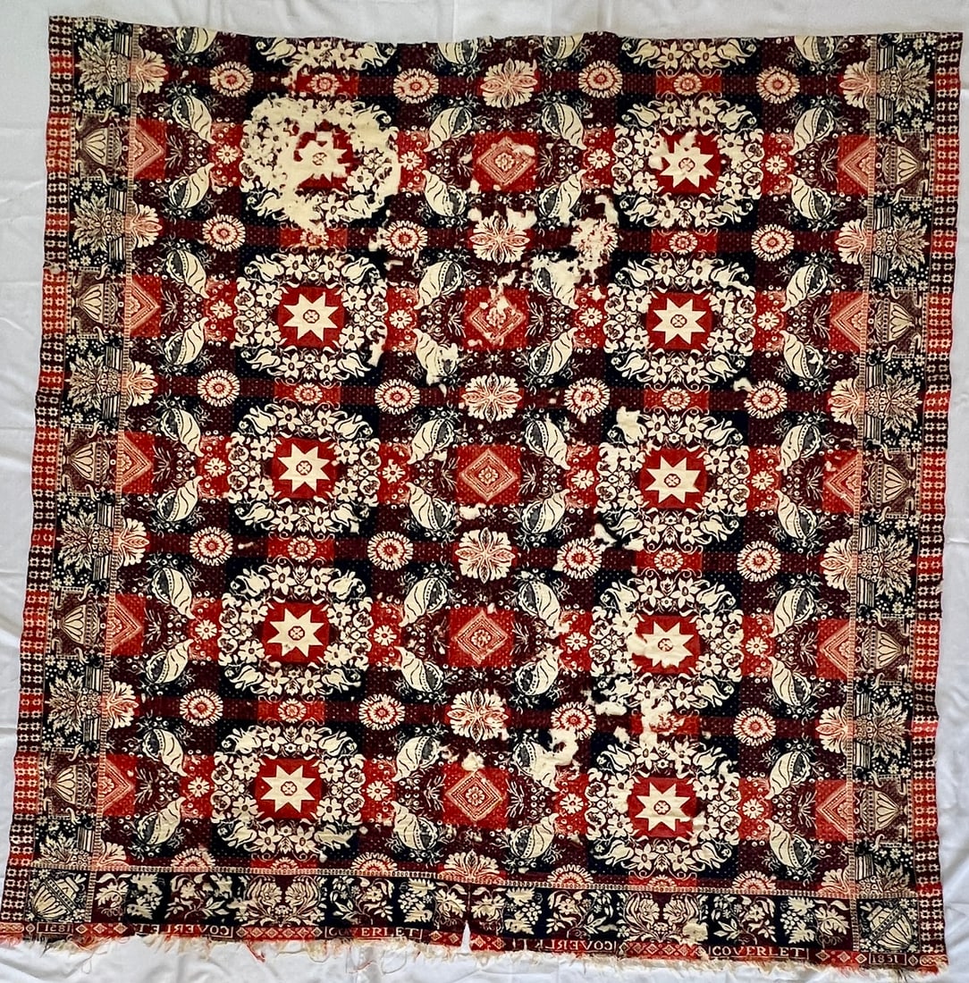 Attributed Samuel Balantyne 1851 Jacquard Woven Red, White & Blue Coverlet: Outstanding mid-19th century jacquard-woven coverlet attributed to Samuel Balantyne and dated 1851. This visually striking example is woven in patriotic shades of red, indigo blue, and natural cream, 