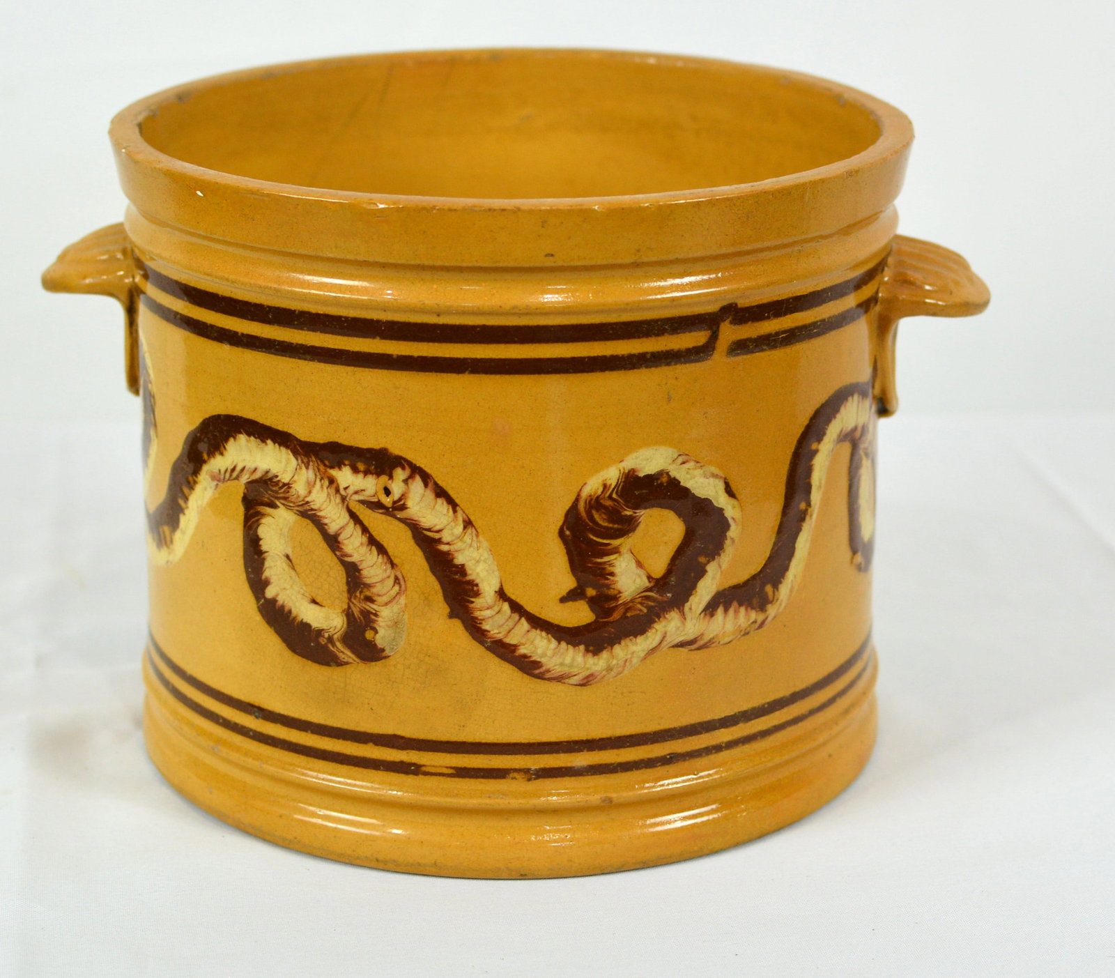 Rare 19th Century Yellowware Crock with Slip-Decorated Snake Motif (1 of 8)