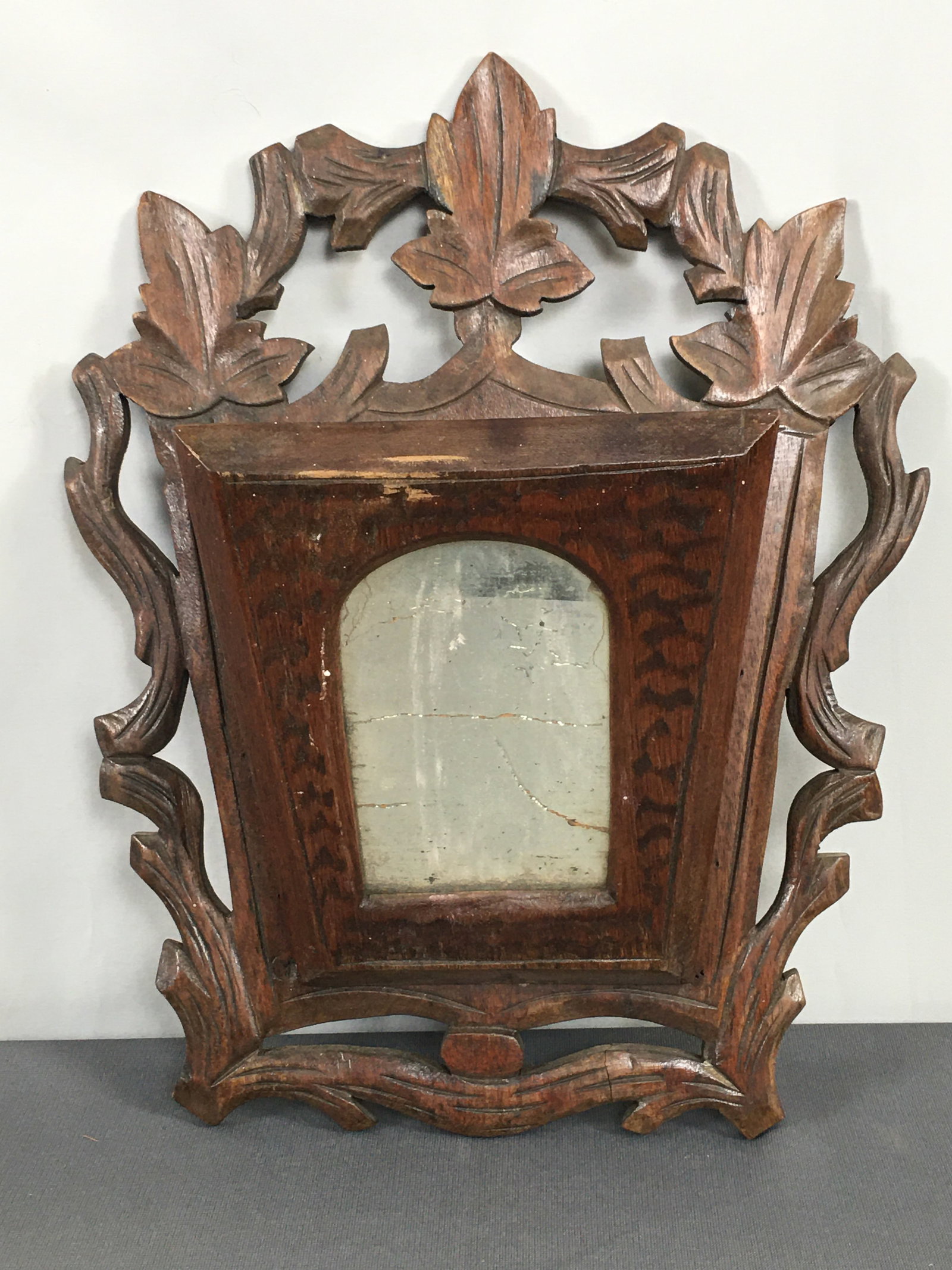 Wall Hanging Letter Box with Mirror: Wall Hanging Letter Box or Comb Case with Mirror, surrounded by carved leaves & vines. 12.5"W x 4"D x 15.5"H.