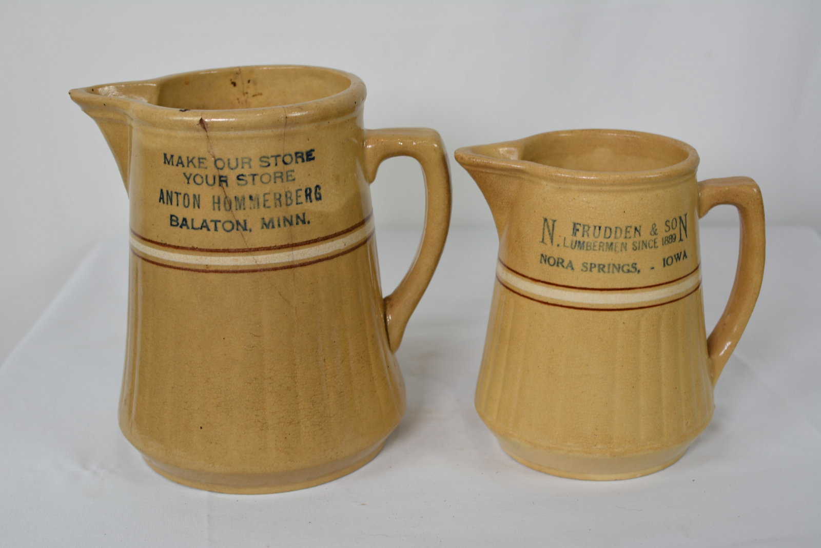 Pair of Red Wing Advertising Stoneware Water Pitchers – Minnesota & Iowa Merchants (1 of 9)