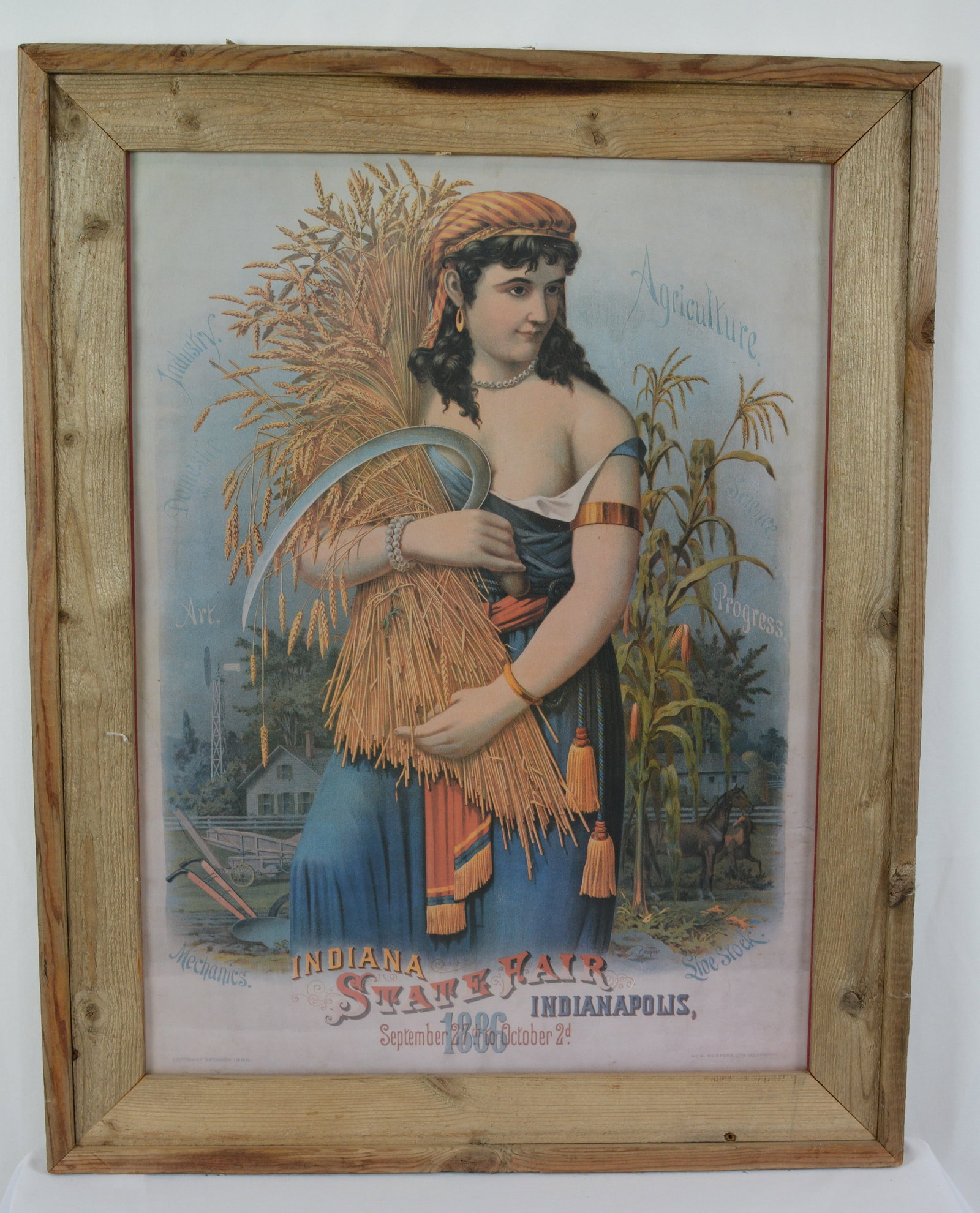 Framed Indiana State Fair 1886 Agricultural Advertising Poster Print: Large framed display featuring the iconic "Indiana State Fair, Indianapolis" image depicting an allegorical female figure holding a sheaf of wheat against a backdrop of agricultural scenes, appears