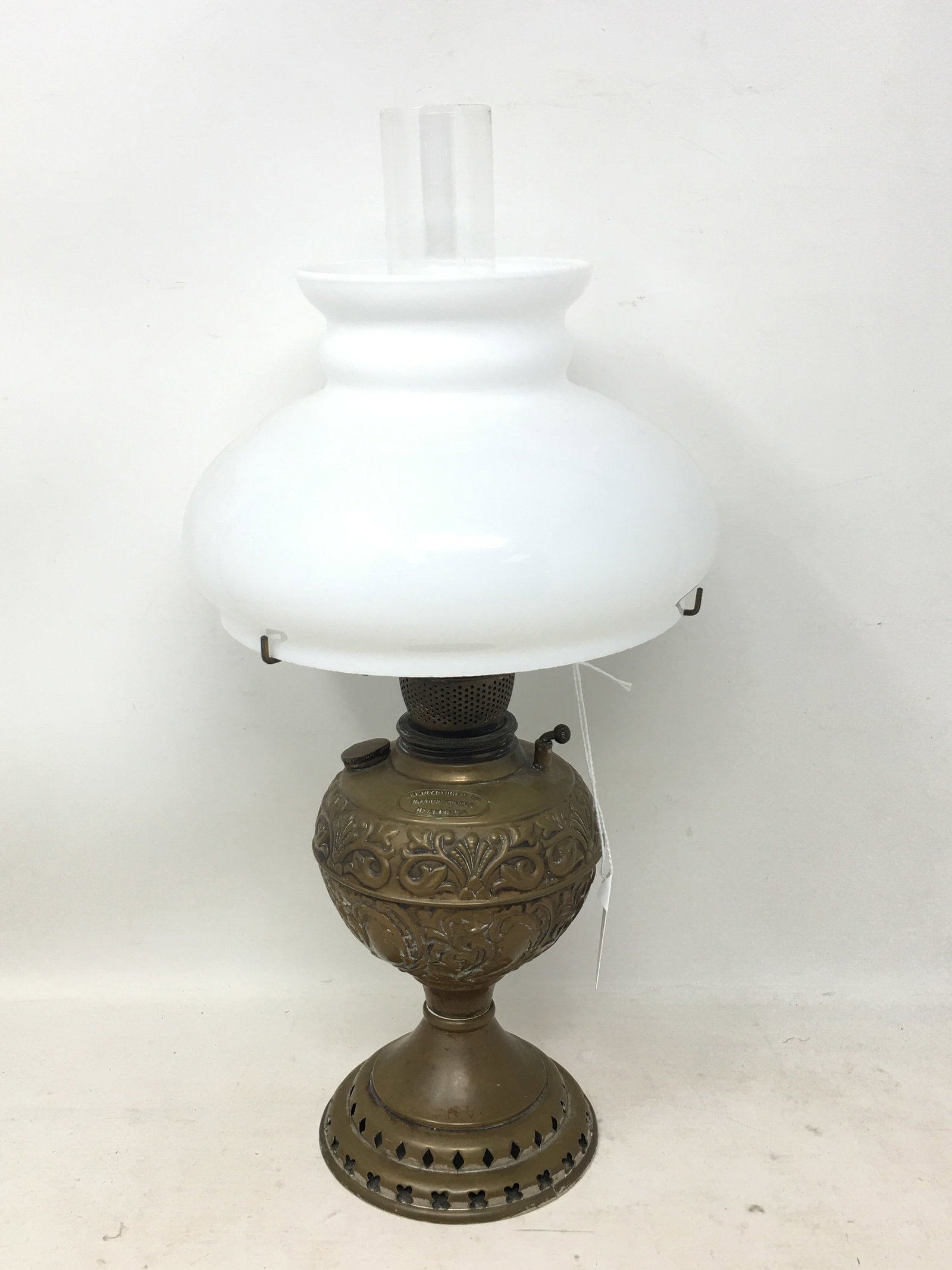 Small Size B&H Brass Oil Lamp: Small Size B&H Brass Oil Lamp, with chimney & shade. Stamped "Manufactured in United States of America". 13.5"H w/ chimney.