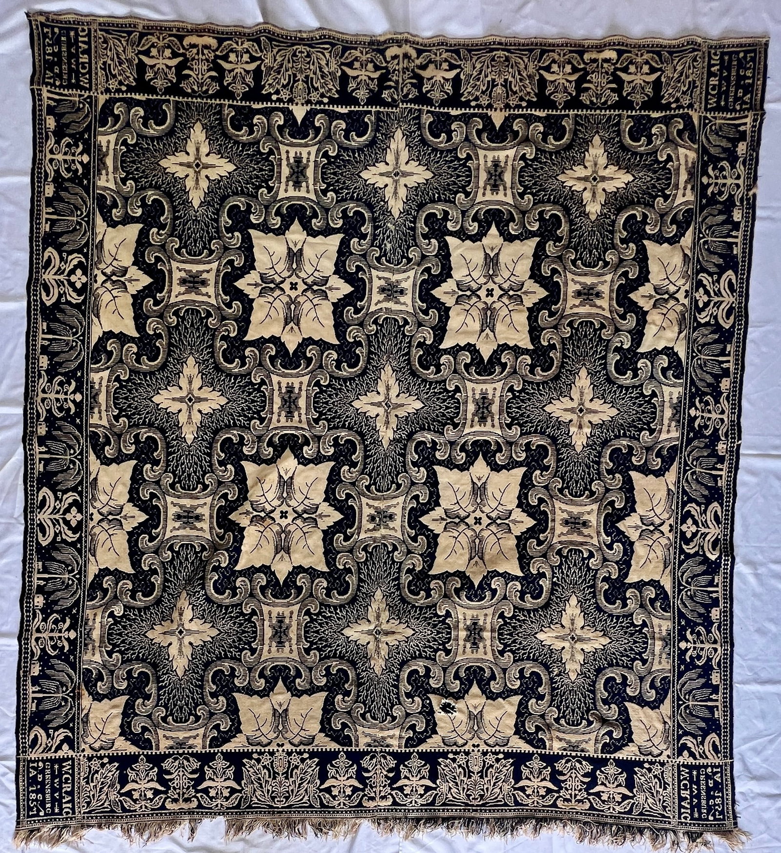 1851 William Craig Signed Indiana Jacquard Coverlet: 1851 William Craig Signed Indiana Jacquard Coverlet, Exceptional mid-19th century double-cloth Jacquard coverlet woven by noted Indiana weaver William Craig of Greensburg, Indiana, dated 1851. Dark