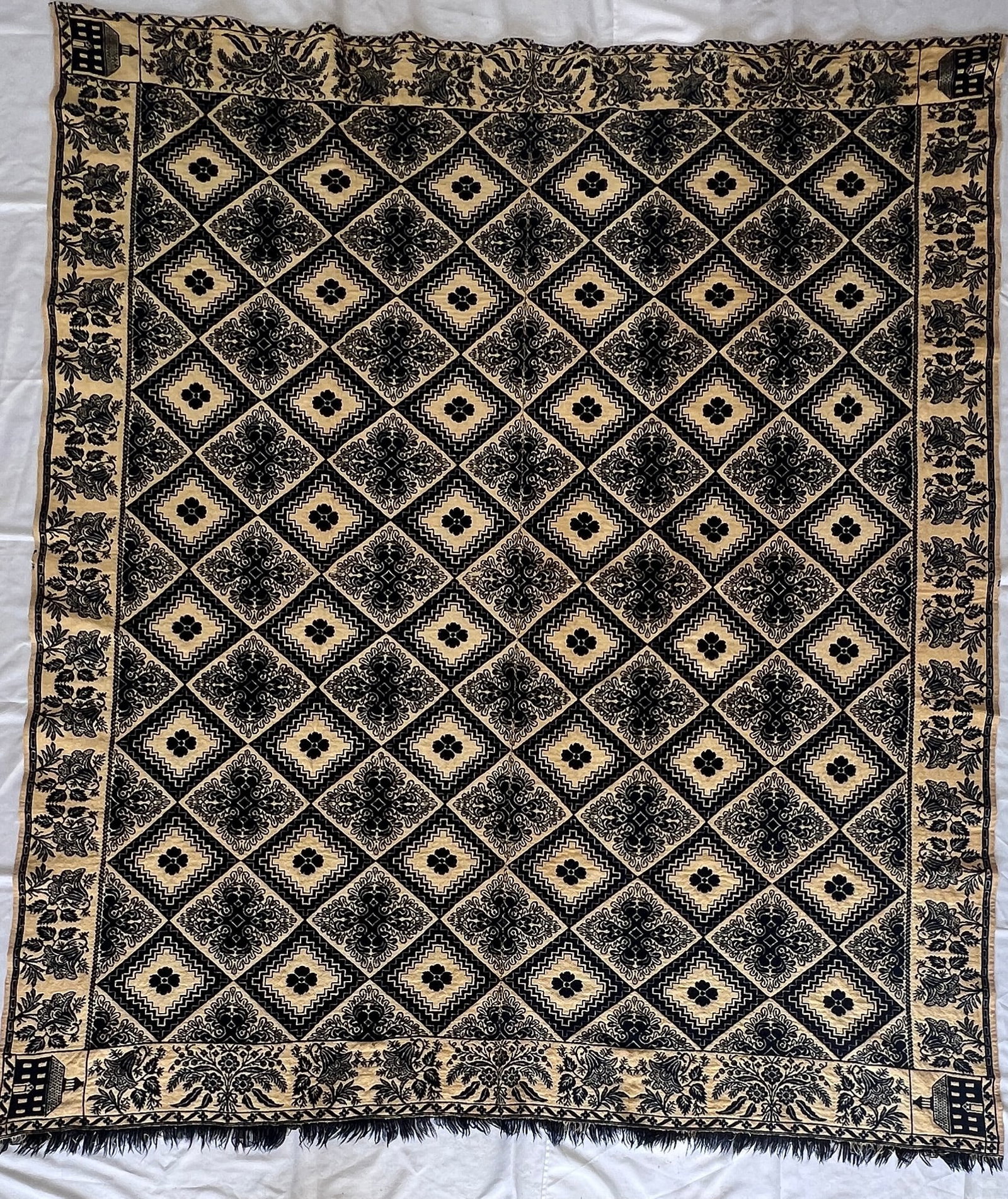 Craig Family 1850's Indiana Jacquard Coverlet with Schoolhouse Corner Blocks (1 of 6)