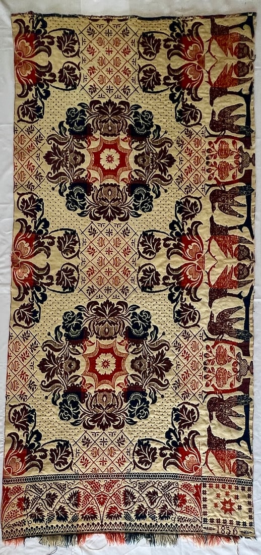 1856 Jacquard Woven Coverlet Fragment with Bird Motif, left panel: 1856 Jacquard Woven Coverlet, possibly Cockefair Mill, Fragment, half panel, with Bird Motif, mid-19th century Jacquard woven coverlet fragment dated 1856, featuring an attractive red, blue, and cream