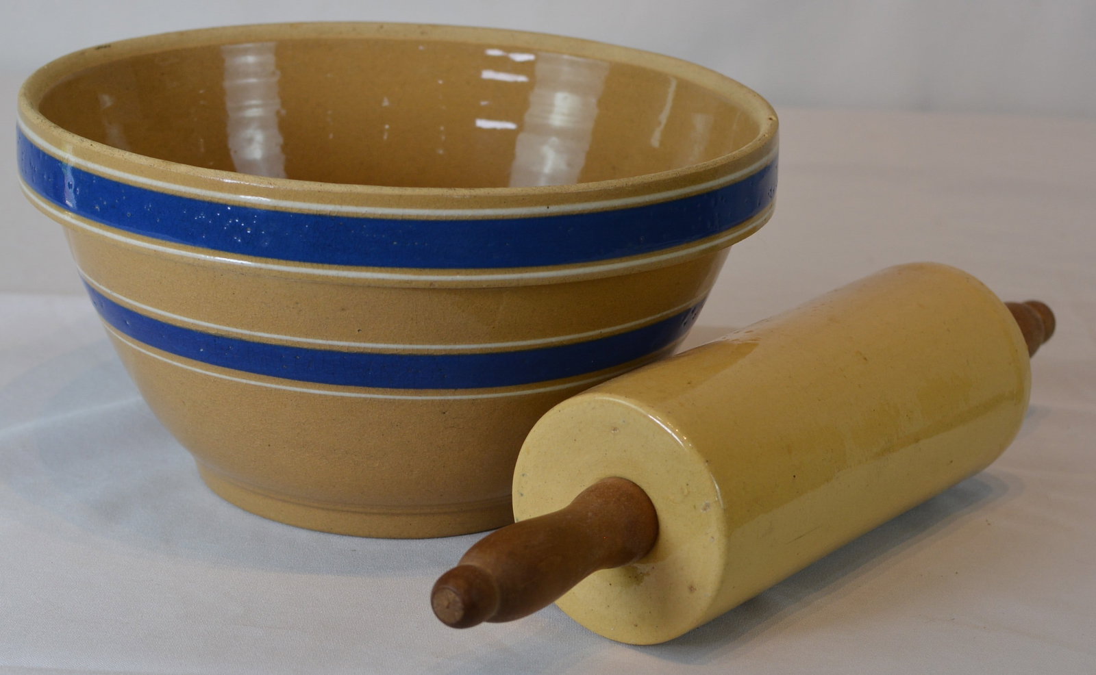 Blue Banded Yellowware Mixing Bowl and Rolling Pin (1 of 4)