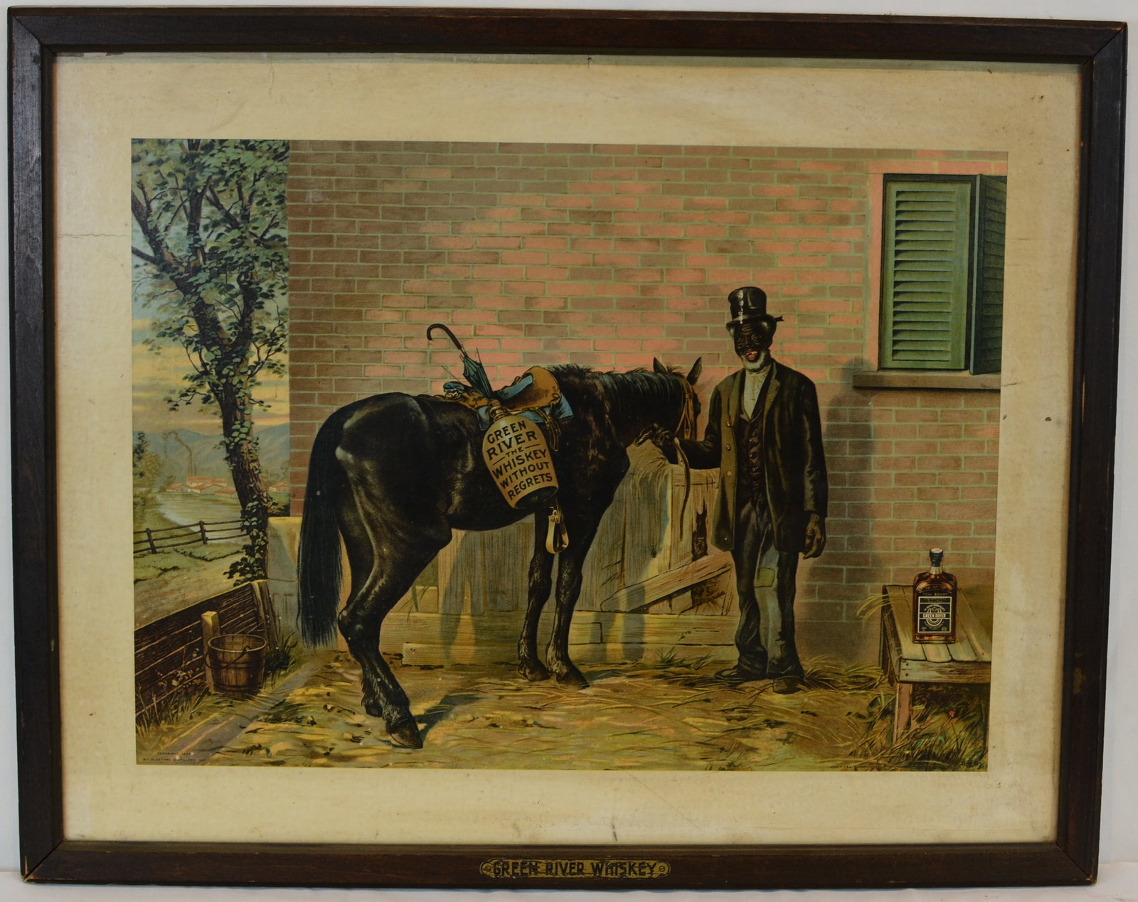 Framed Green River Whiskey Advertising Print, Early 20th Century: Framed Green River Whiskey advertising print with African American stable hand standing beside a horse bearing the slogan “Green River Whiskey Without Regrets.” Colored lithographic imagery