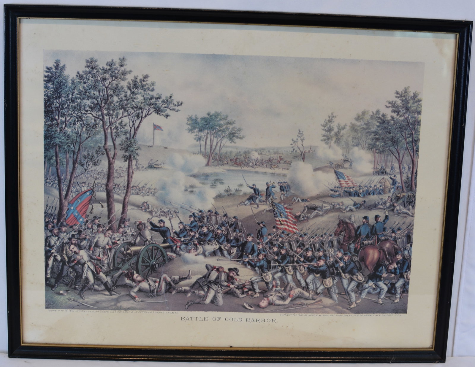 1885 "Battle of Cold Harbor" Framed Civil War Chromolithograph: Framed late 19th-century chromolithograph titled Battle of Cold Harbor, depicting the fierce Civil War engagement fought in Virginia on June 1–12, 1864. Published by Kurz & Allison of Chicago and