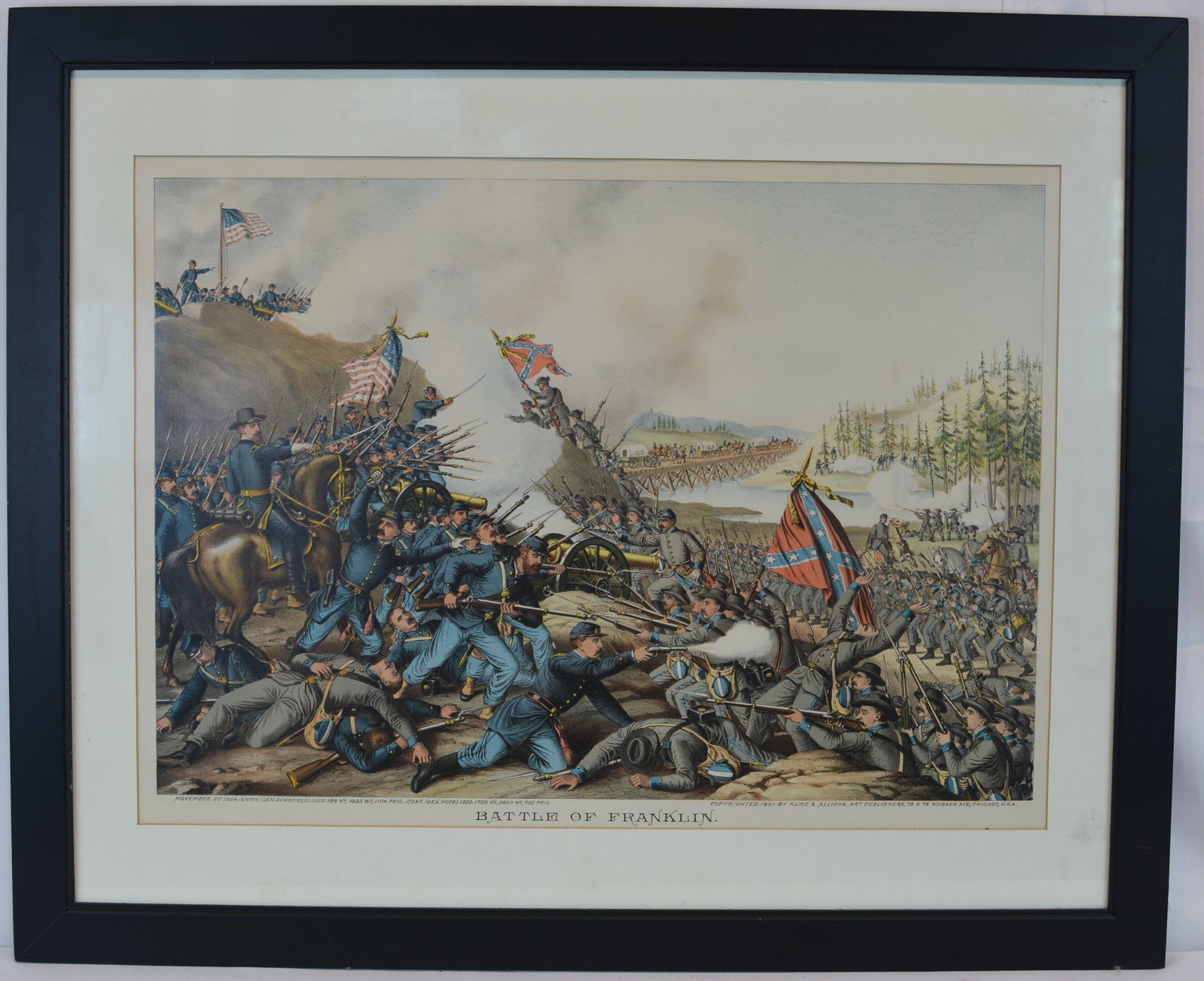 1891 Kurz & Allison "Battle of Franklin" Civil War Chromolithograph: Large framed chromolithograph titled Battle of Franklin, published by Kurz & Allison, Chicago, and copyrighted 1891. The dramatic scene depicts the fierce Civil War engagement fought on November 30,