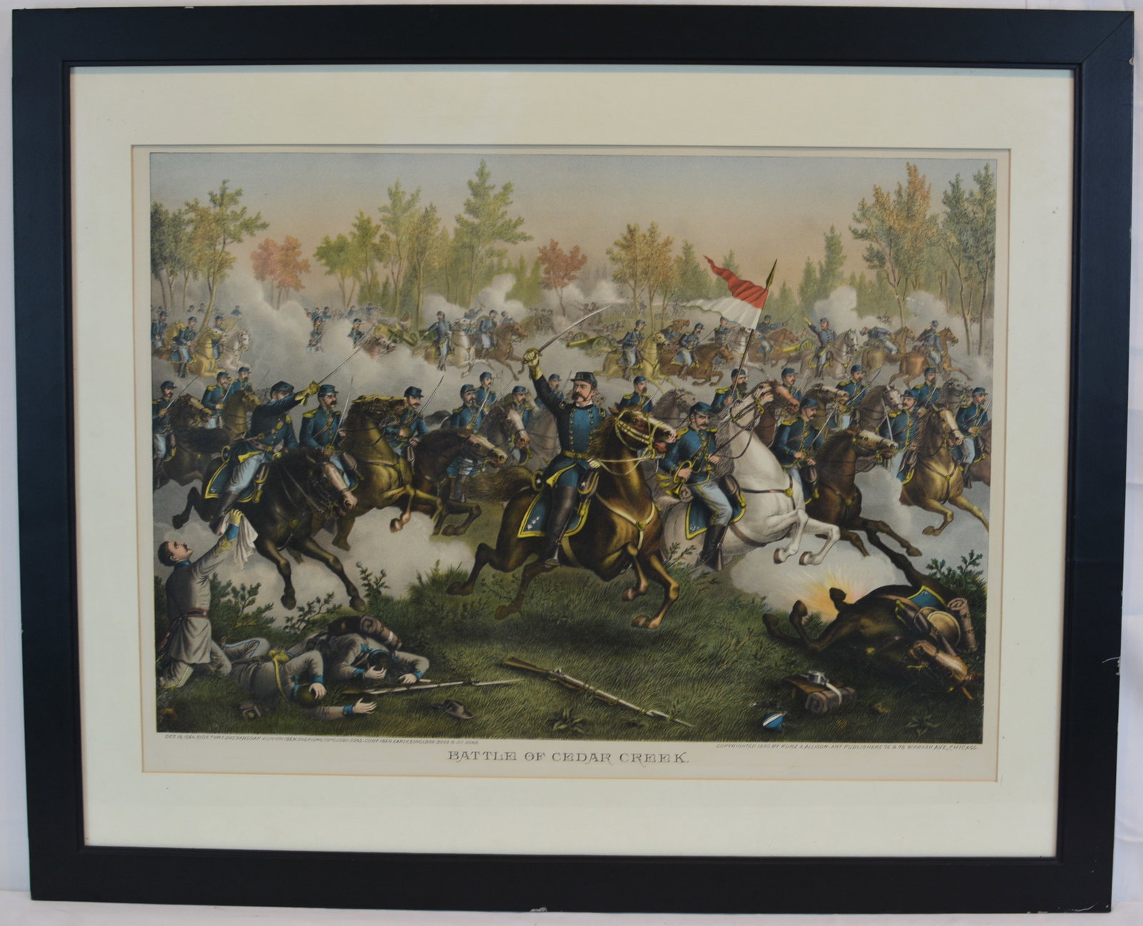 1890 Kurz & Allison "Battle of Cedar Creek" Civil War Chromolithograph: Framed chromolithograph titled Battle of Cedar Creek, published by Kurz & Allison of Chicago and copyrighted 1890. This dramatic Civil War scene depicts Union cavalry under General Sheridan charging C