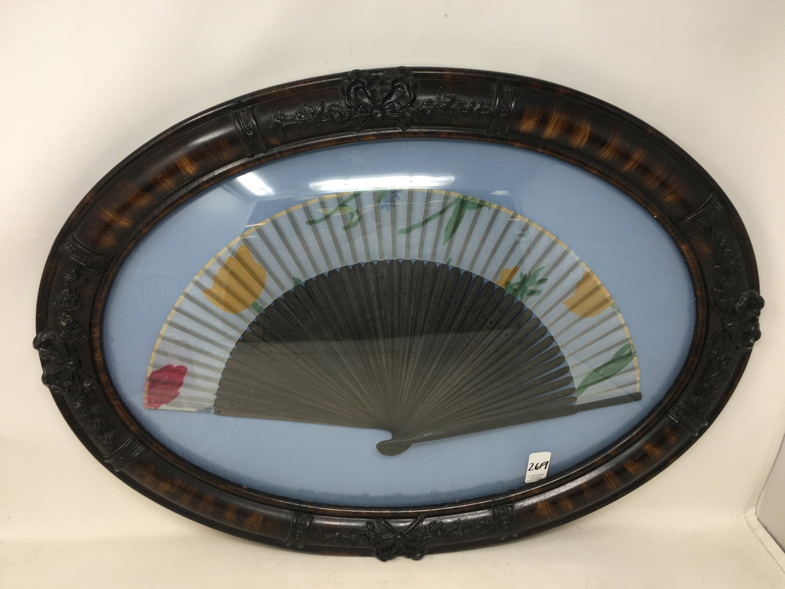 Framed Asian Hand Painted Silk/Ebony Bone Fan (1 of 6)