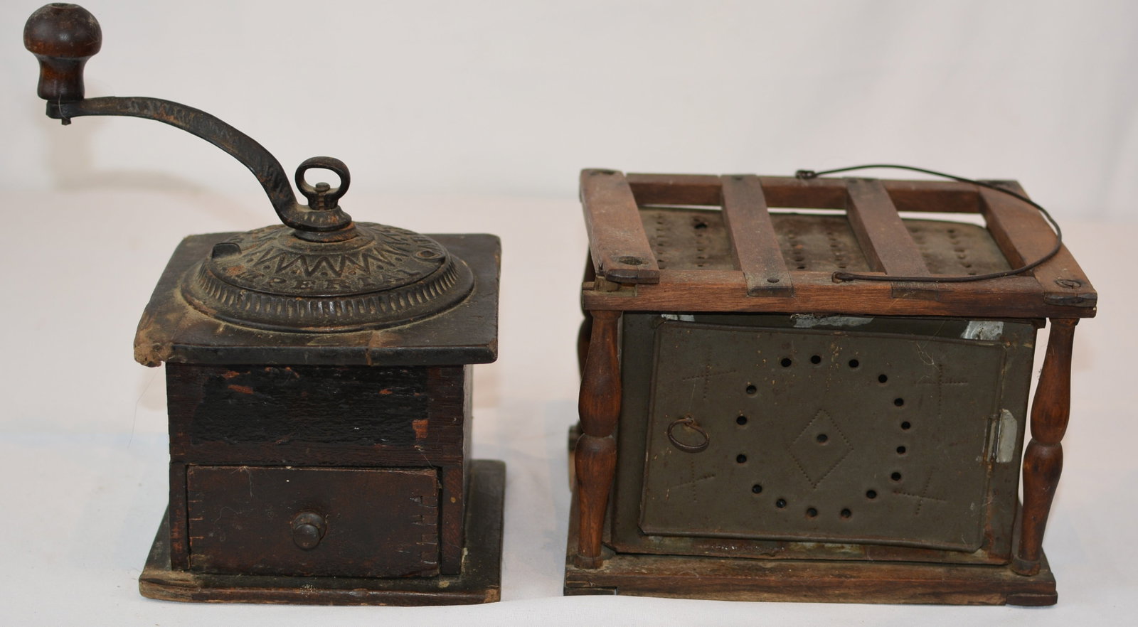 Coffee Grinder and Foot Warmer wood with punched tin, 8"X6" (1 of 8)