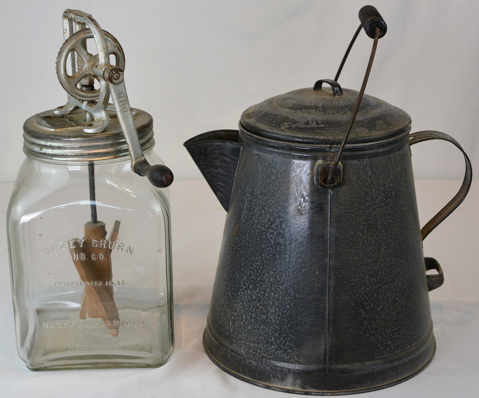 Dazey No. 60 Glass Butter Churn and Graniteware Coffee Pot (1 of 8)