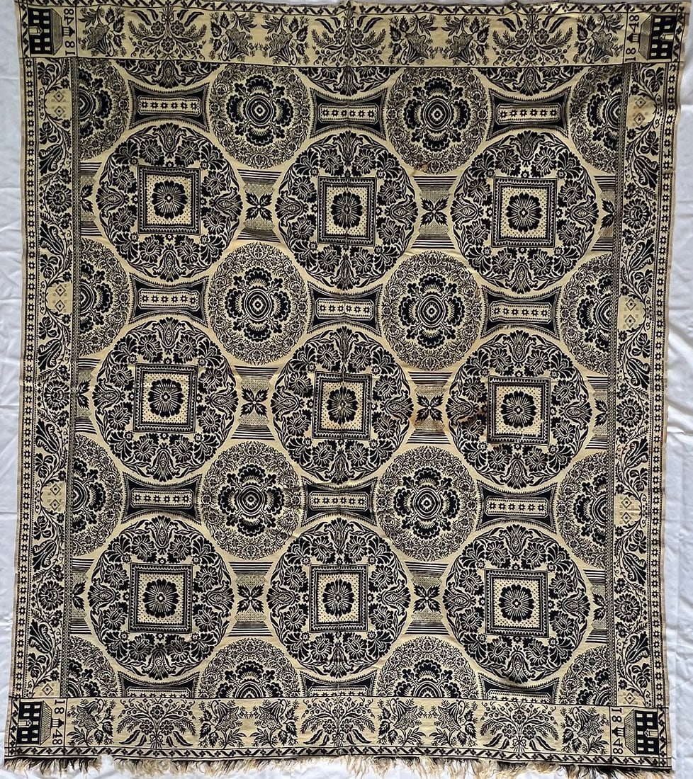 1848 Indiana Coverlet with Courthouse Craig Family Weavers: 1848 Indiana Coverlet with Courthouse corner blocks by the Craig Family Weavers, Decatur County, IN 76" X 86"