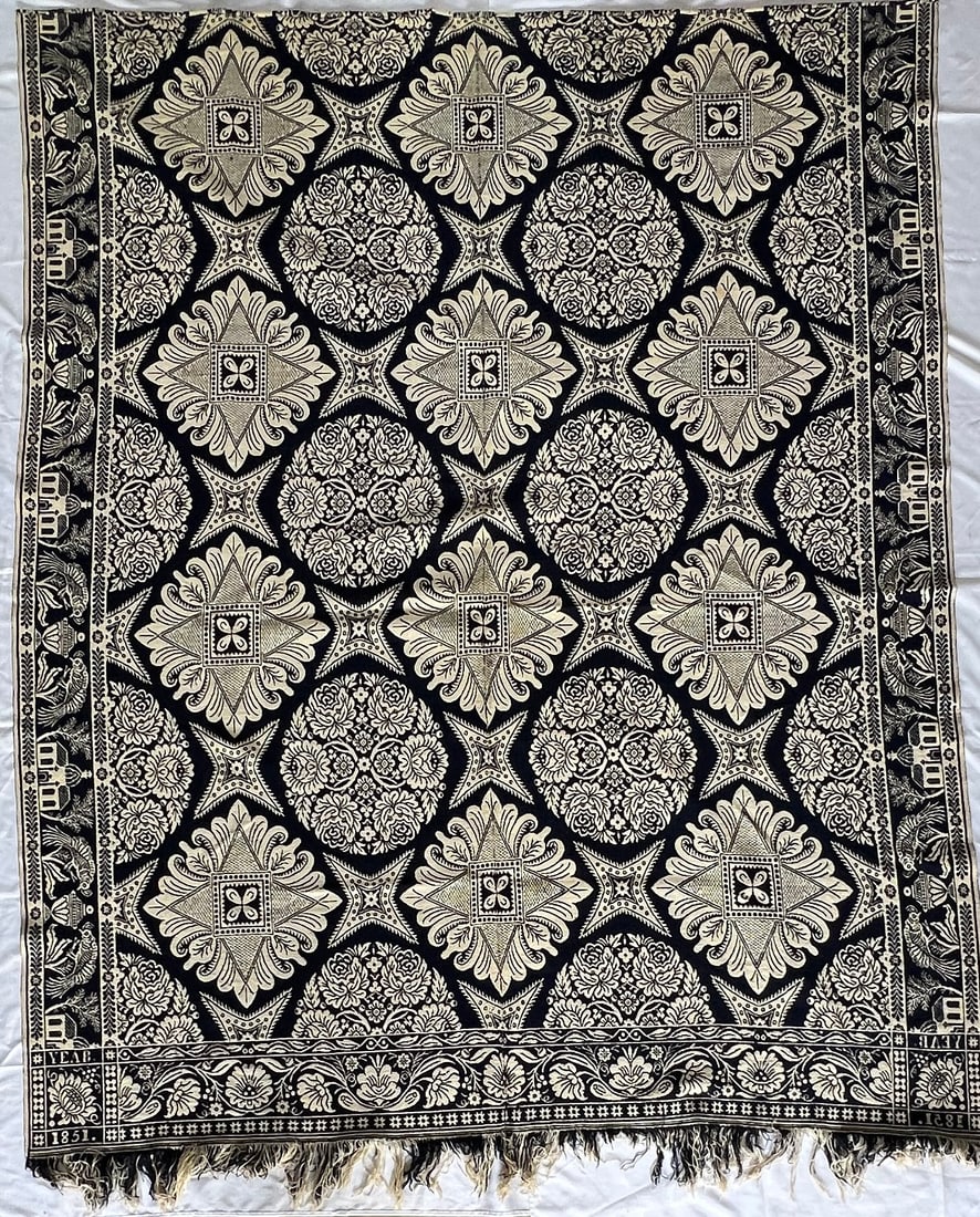 1851 Sarah La Tourette Fountain County Indiana Jacquard Blue and Cream Coverlet (1 of 6)