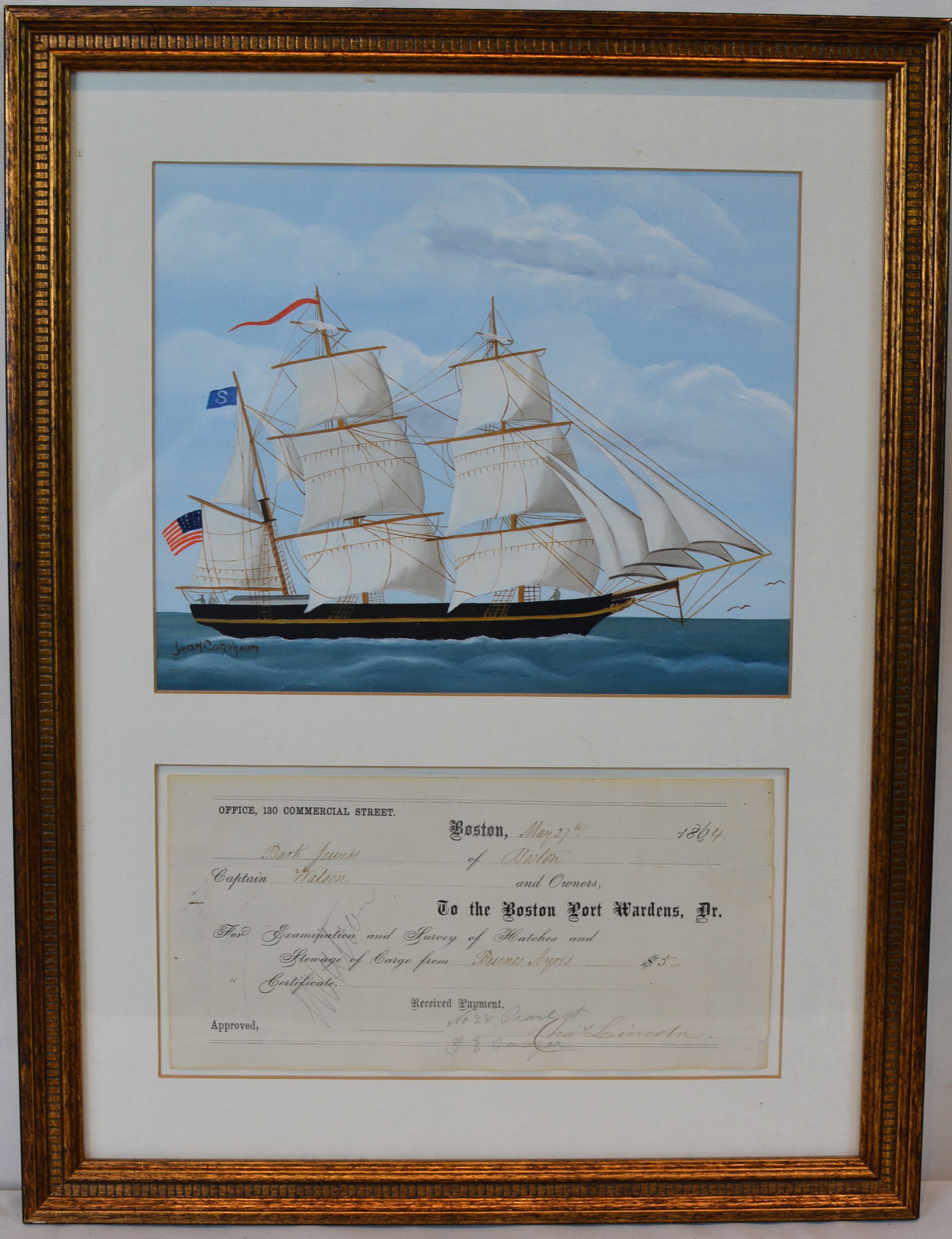 Jean Coquhoun Maritime Painting with 1864 Boston Port Wardens Document: Framed maritime display featuring a hand-painted sailing ship by listed maritime folk artist Jean Coglian, paired with an original 1864 Boston shipping-related document. The artwork depicts a fully