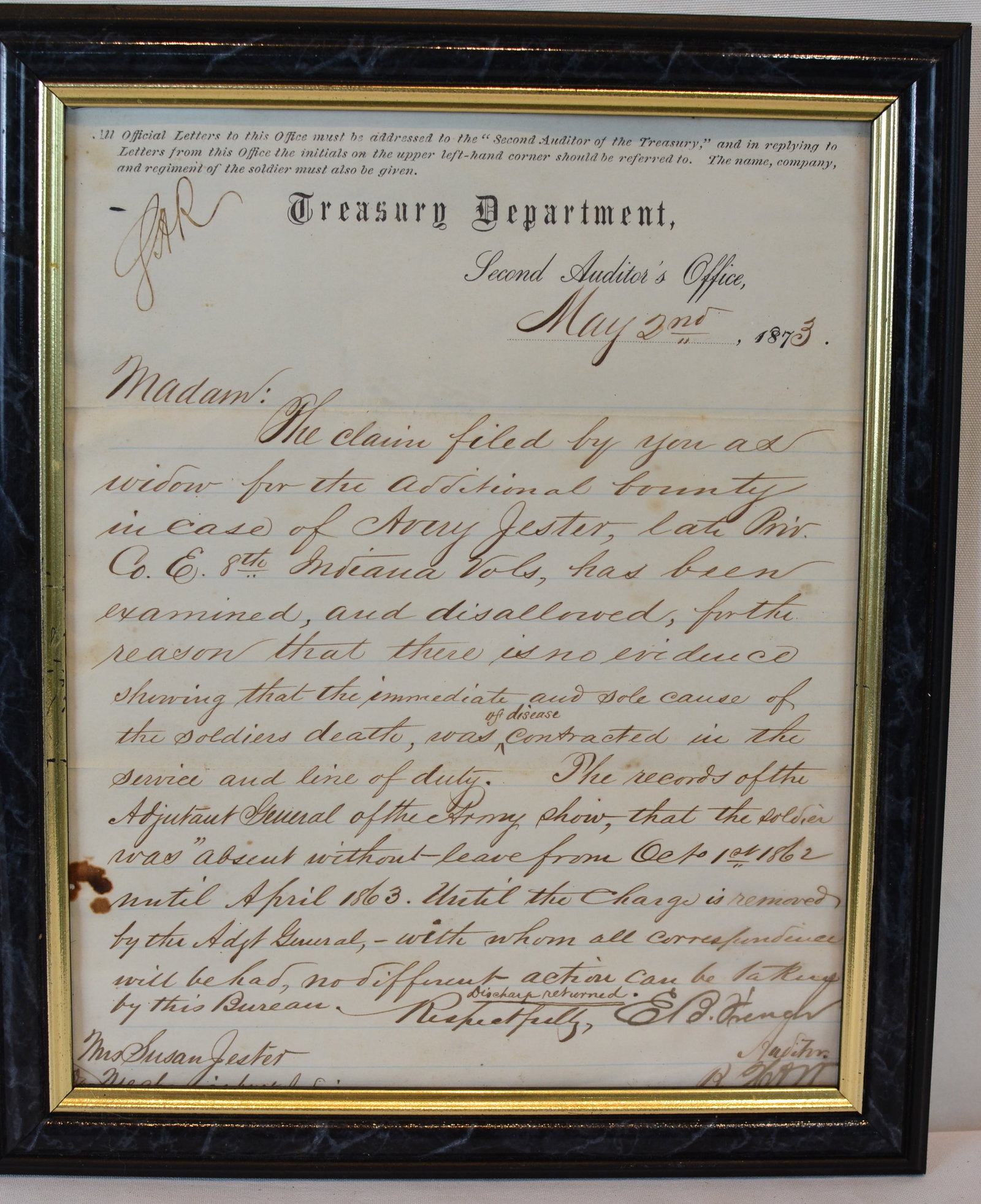 1873 U.S. Treasury Department Civil War Widow's Bounty Claim Letter – Indiana Volunteer Soldier (1 of 4)