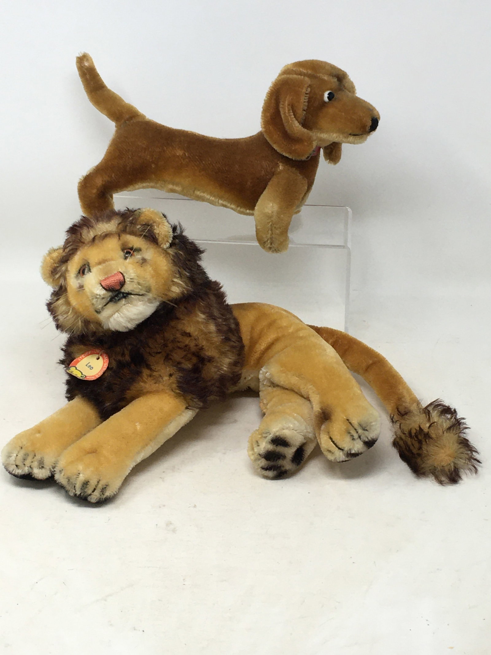 Steiff "Leo" Lion & Dachshund: 1) Steiff "Leo" Lion, with chest tag. 10"L excluding tail x 5.75"H. 2) Steiff "Hexie", 1313-0 with ear button and tag. Slight hair loss at tail. 9.5"L x 5.5"H.