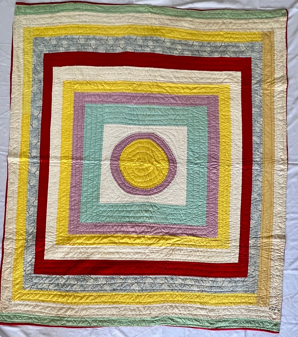 19th Century Amish or Mennonite Bars Quilt in Vibrant Geometric Pattern: Handmade quilt featuring a striking concentric bars design in vivid solid fabrics including red, yellow, lavender, cream, green, and gray. Fine hand quilting throughout and retains period fabric marki